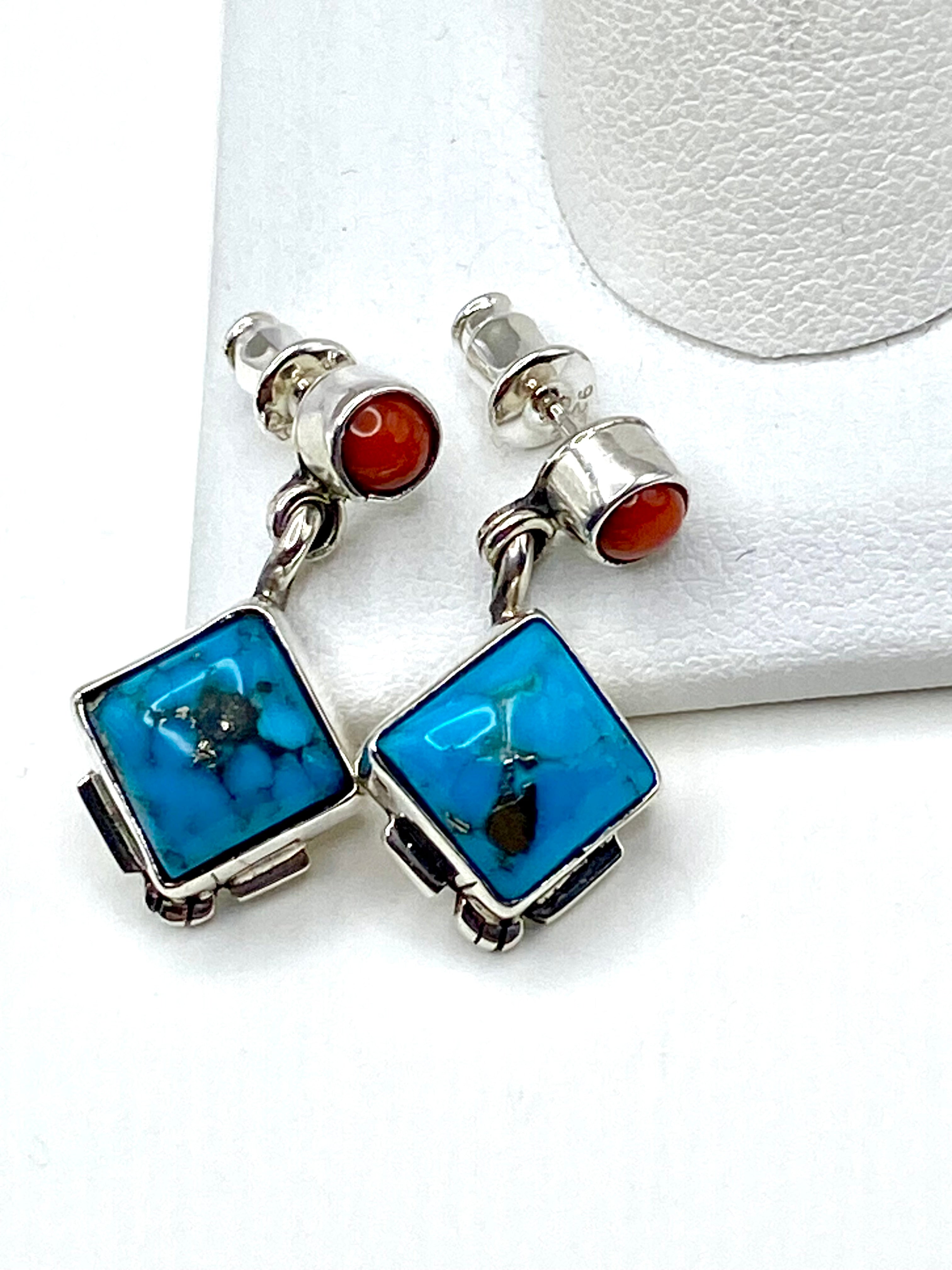 Petite Sterling Turquoise Dangle Earrings Coral Navajo V. Betone Native American