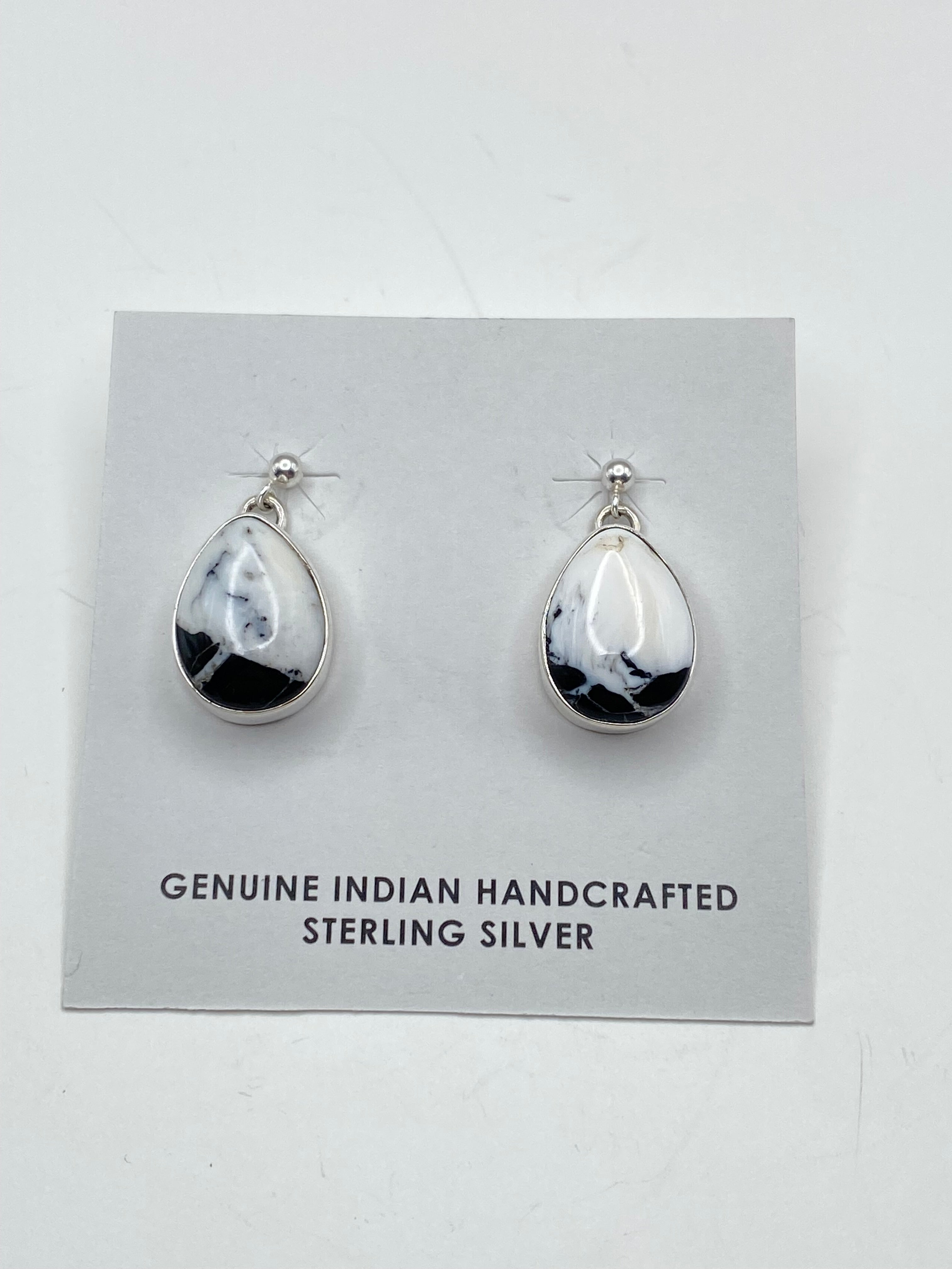 Sterling Teardrop White Buffalo Earrings Post Dangle Native American Signed