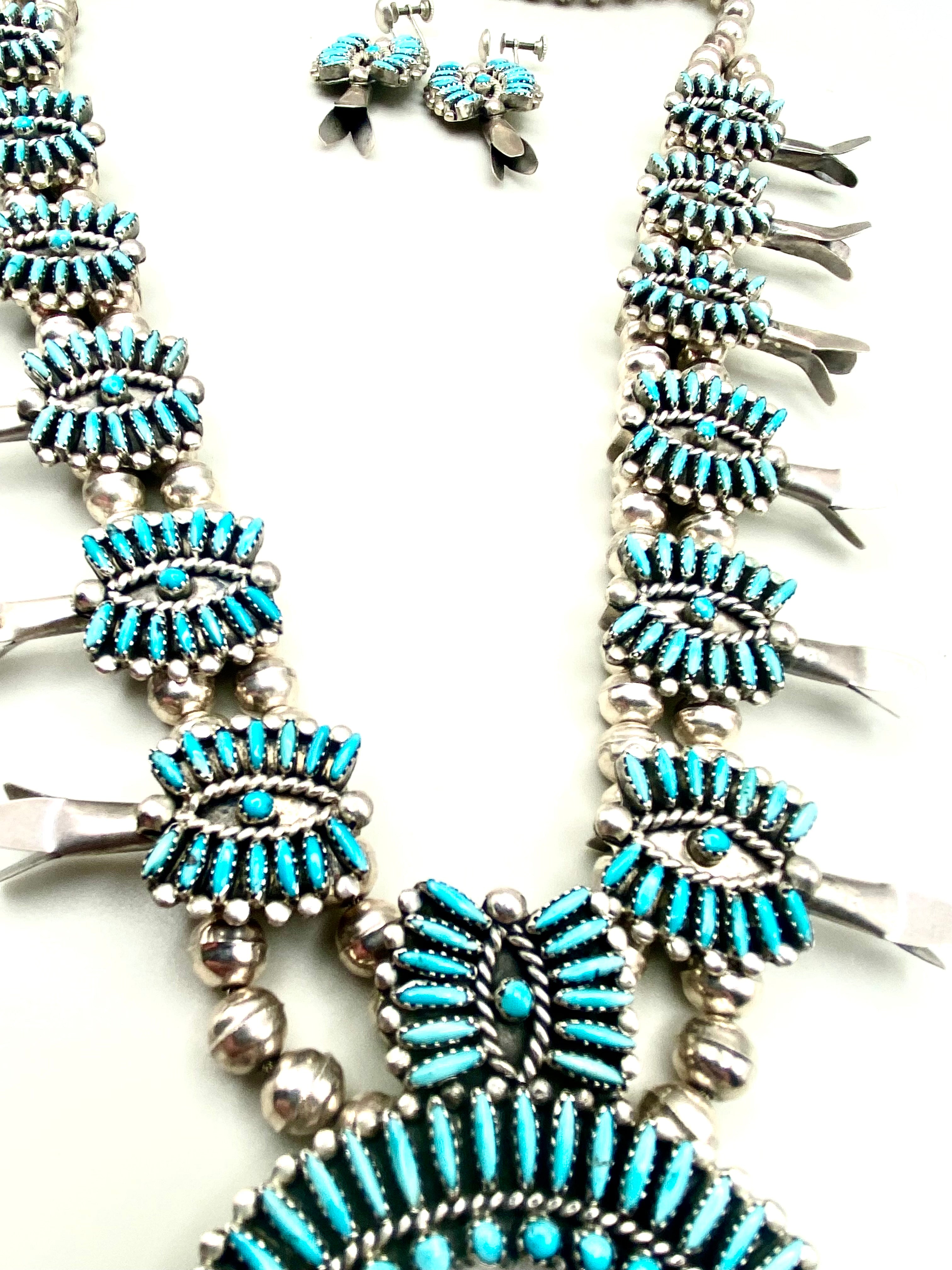 VTG Zuni Needlepoint Turquoise Squash Blossom Necklace Earring Set c. 1960s