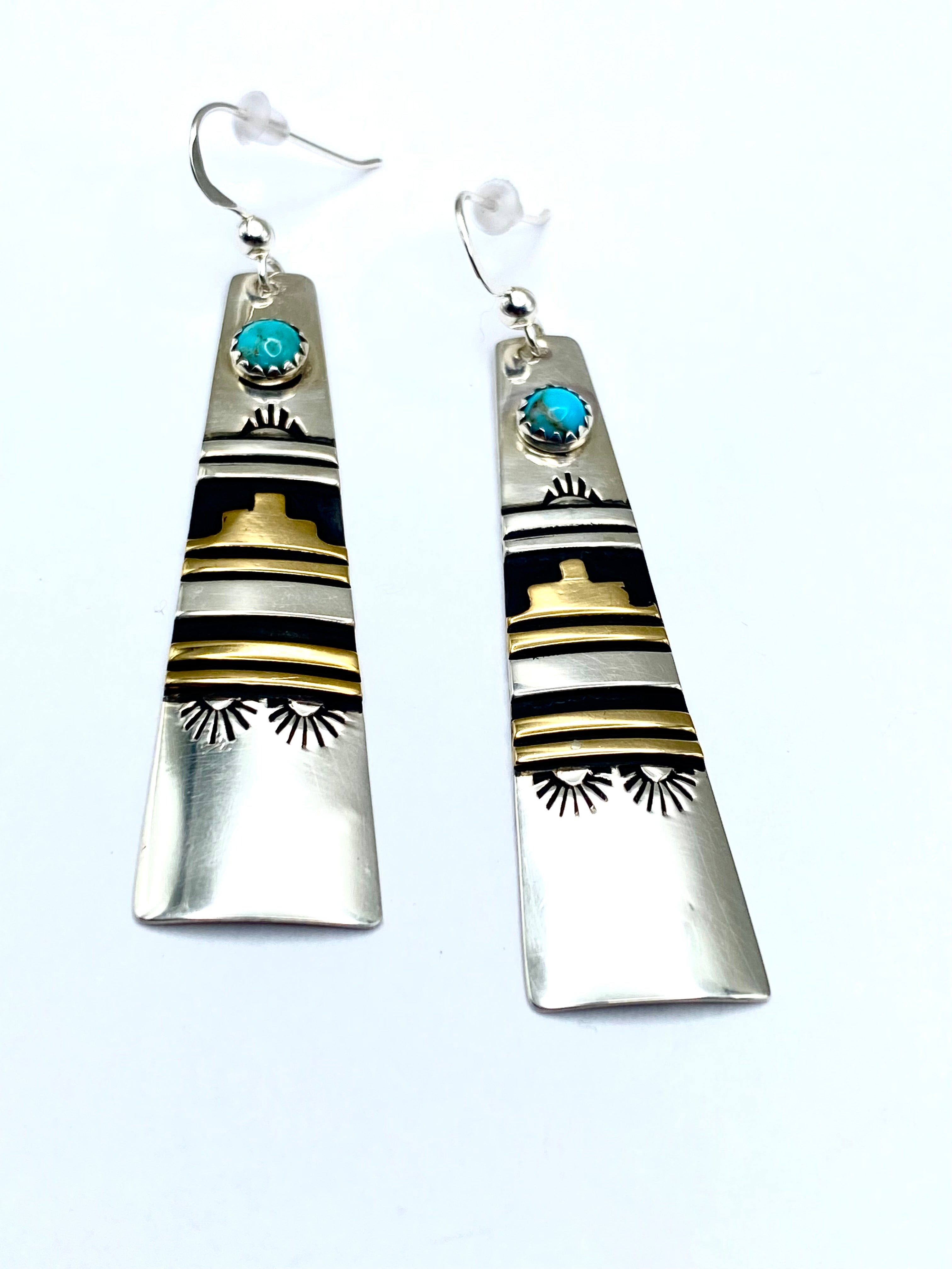 Sterling Turquoise Dot Earrings Long Triangle Overlay T&R Singer Navajo