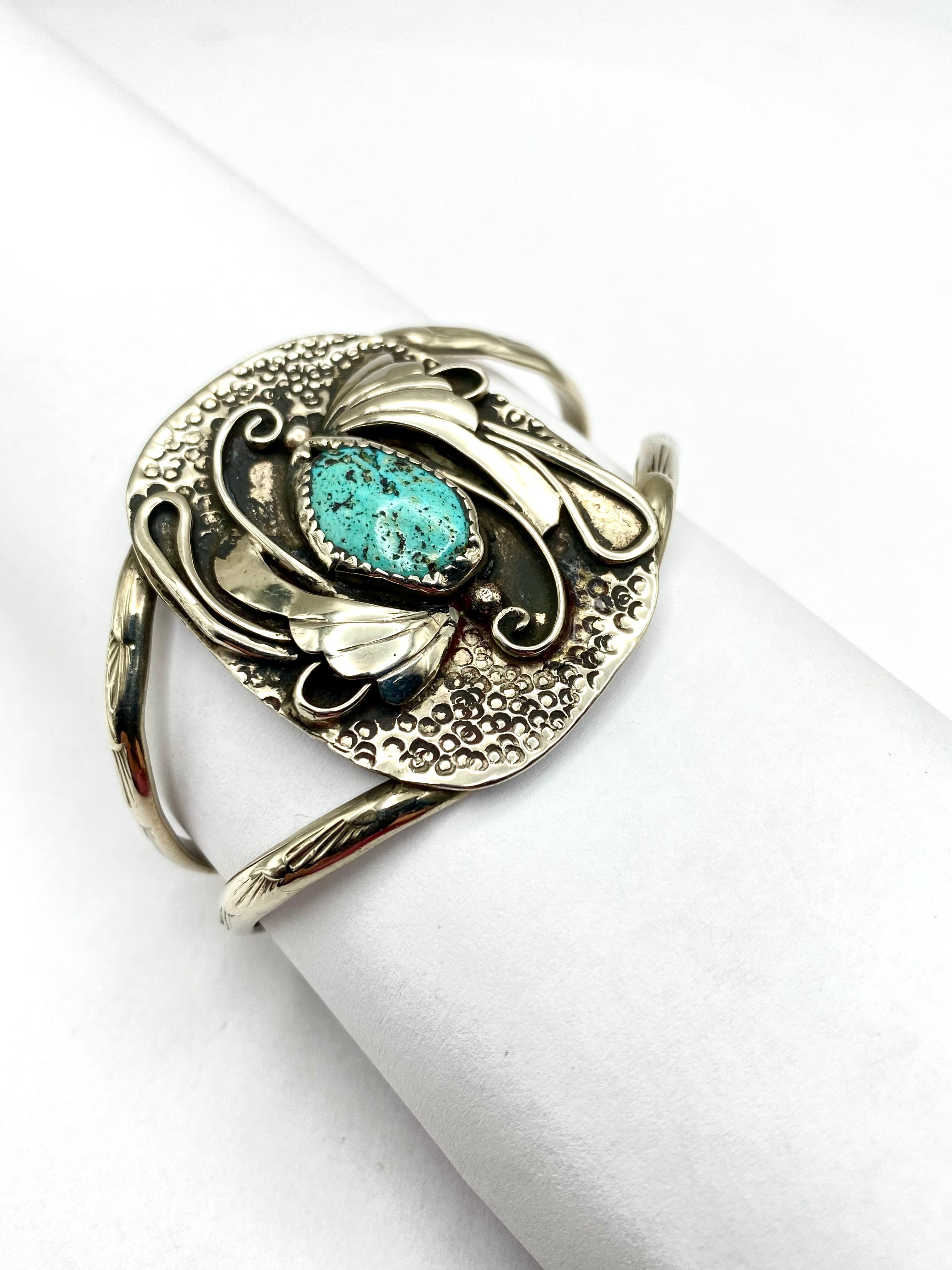 VTG Sterling Turquoise Bracelet 2-Rail Leaf Applique Lightweight Native American
