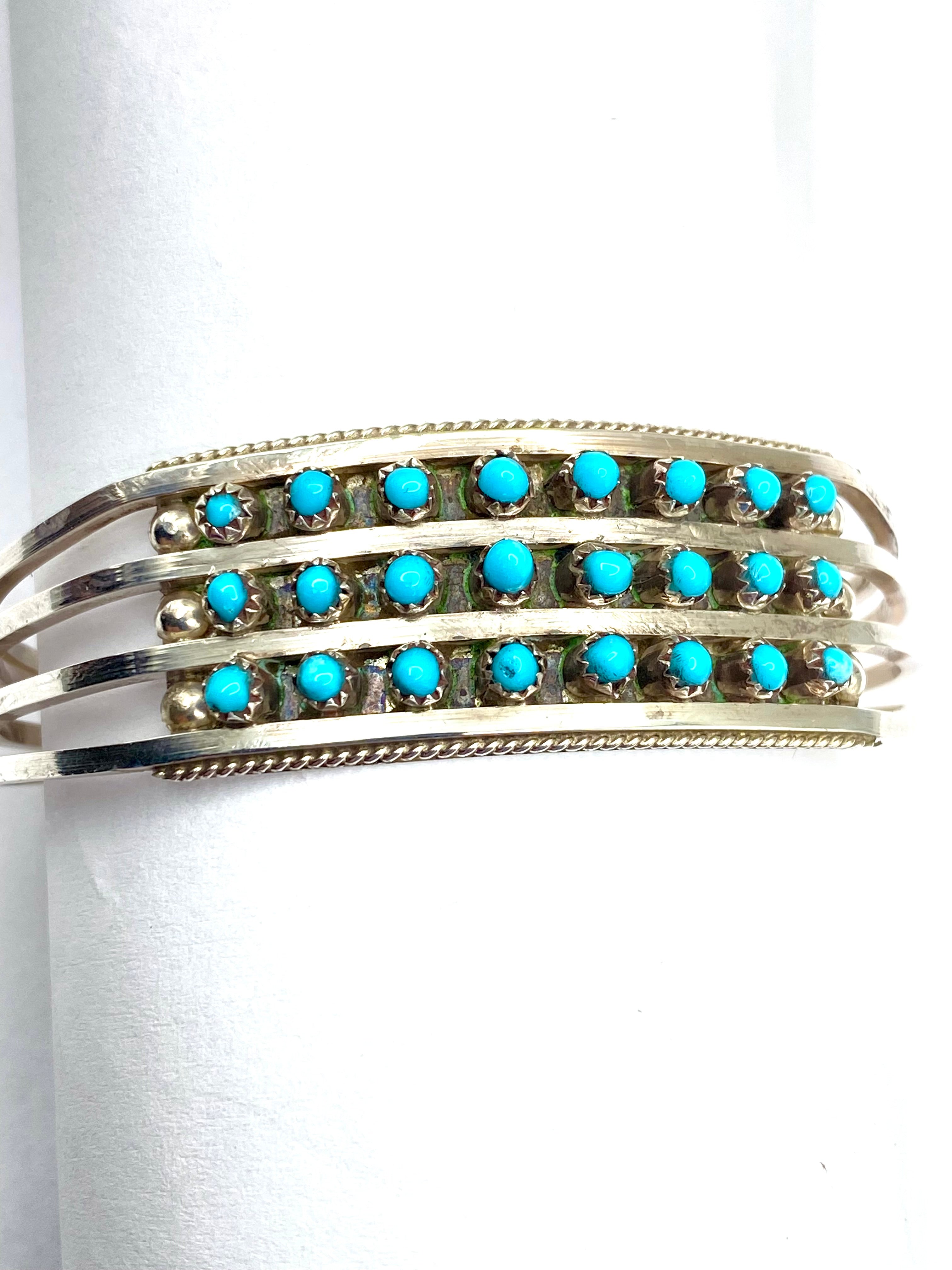 Sterling 4-Rail Bracelet Petite Turquoise 3-Row Zuni Native American Signed