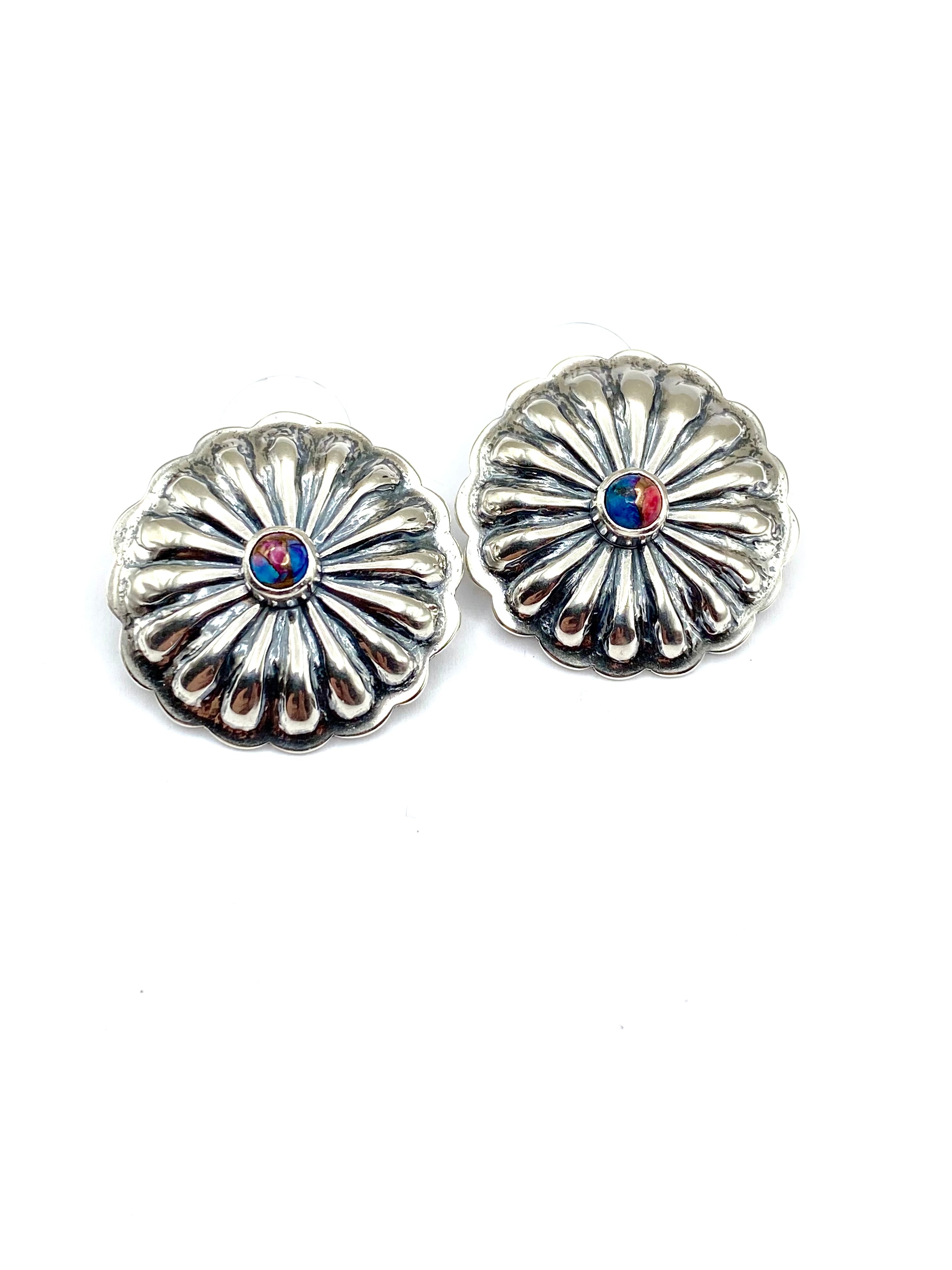 Sterling Concho Earrings Kingman Mojave Turquoise Native American Signed