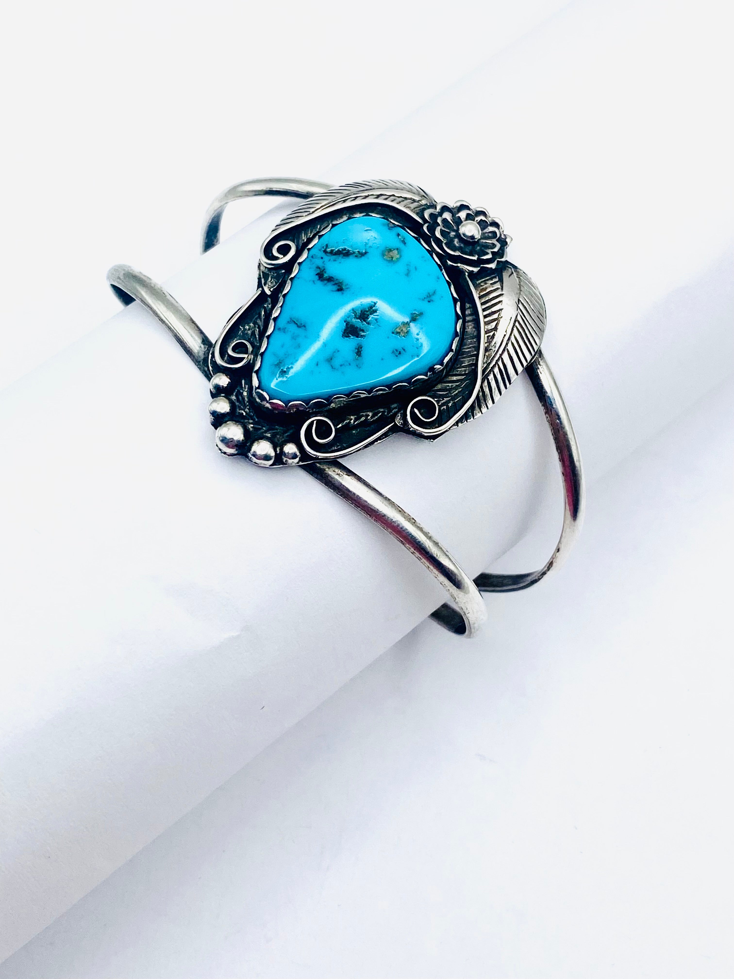 VTG 2-Rail Sterling Bracelet Turquoise Leaf Flower Applique Navajo Signed McCabe