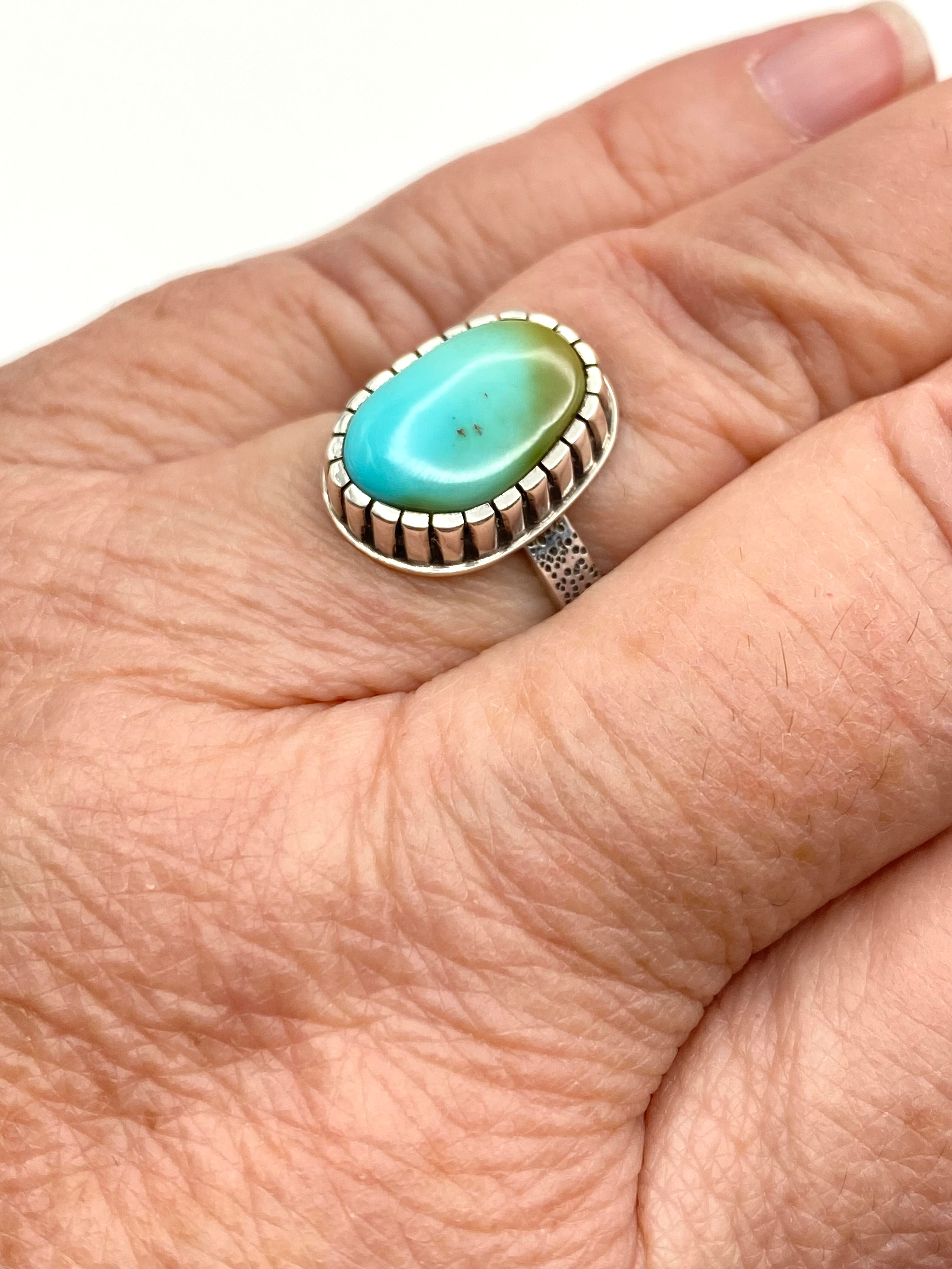 Sterling Tufa Cast Shank Ring Pilot Mountain Turquoise Size 8.5 C. Bazan Navajo