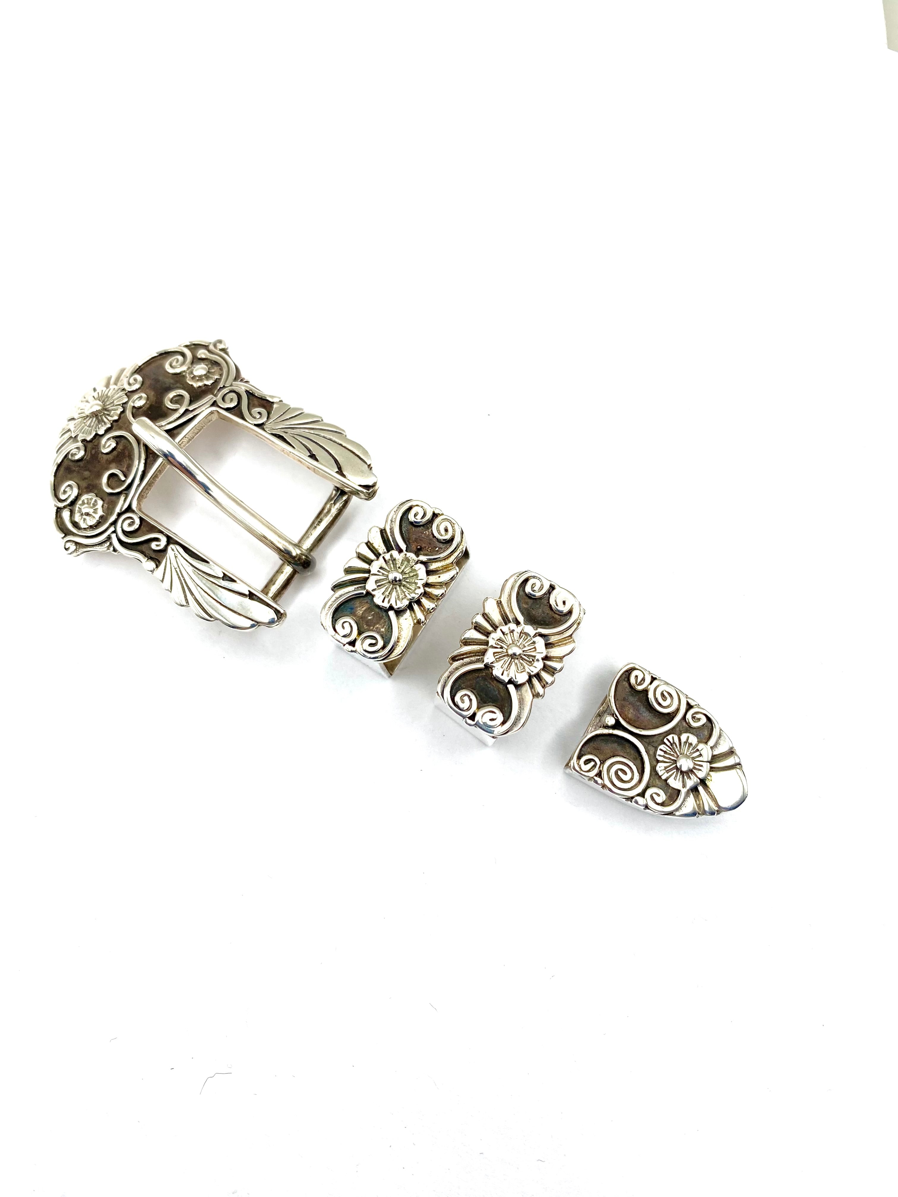 Vintage 4-piece Sterling Ranger Belt Buckle Set Heavy Gauge 5/8" Floral Signed