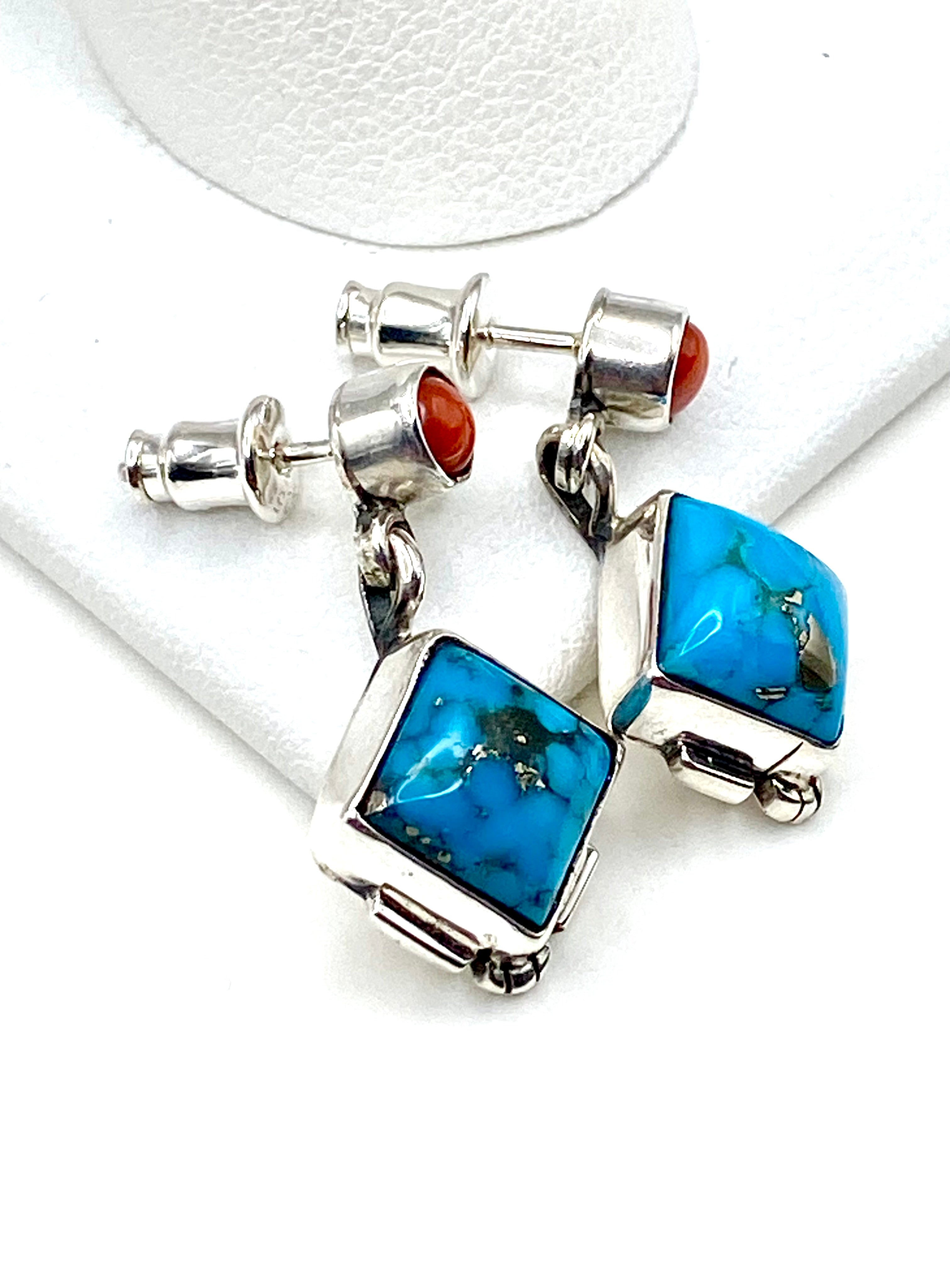 Petite Sterling Turquoise Dangle Earrings Coral Navajo V. Betone Native American