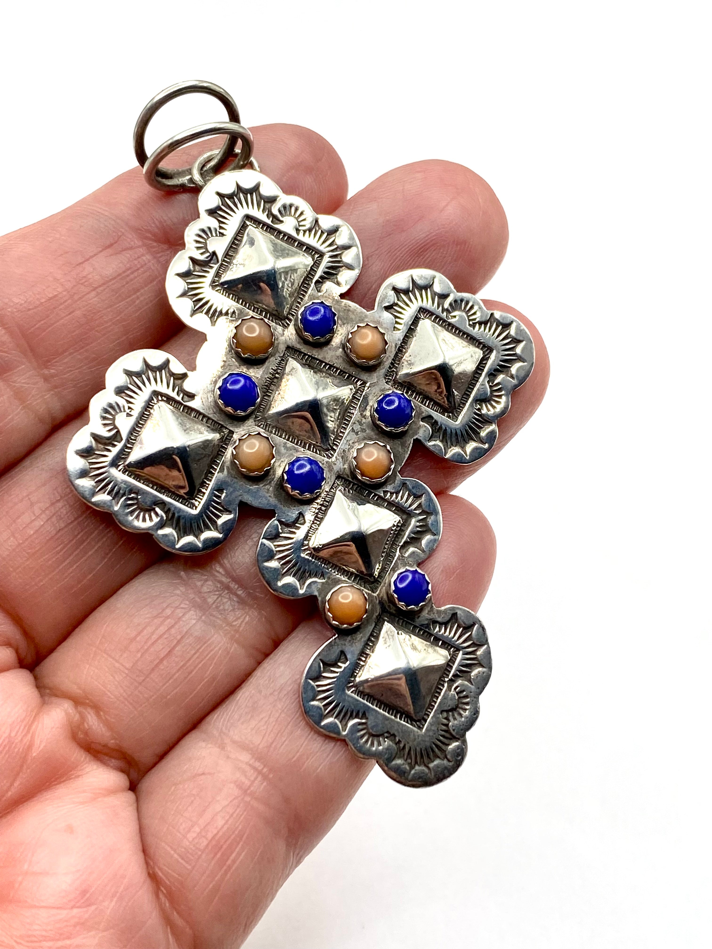 Scalloped Sterling Cross Pendant Lapis Pink Conch John Nelson Navajo
