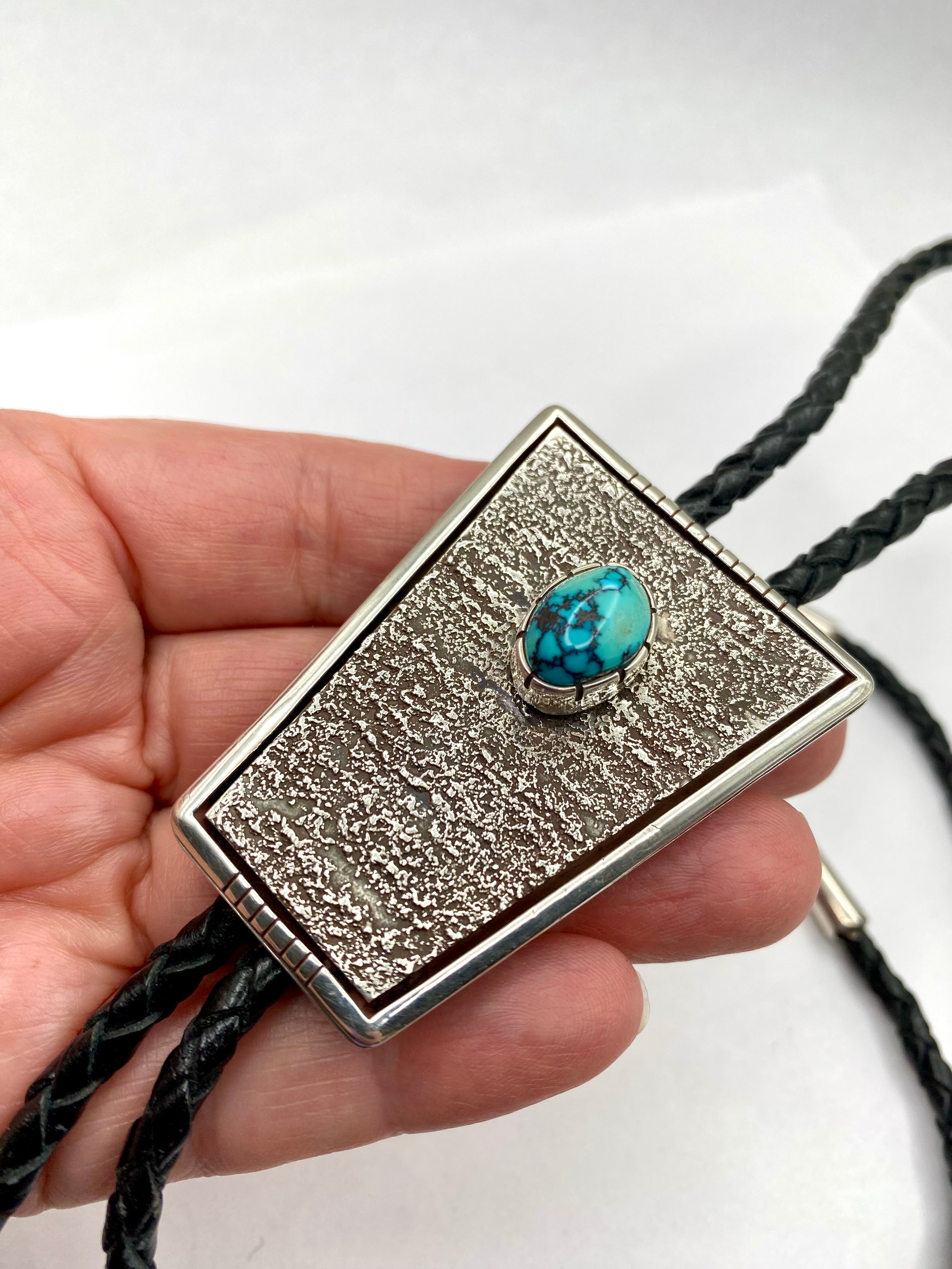 Sterling Silver Tufa Cast Bolo Tie Turquoise Heavy Gage Navajo Vernon Begaye