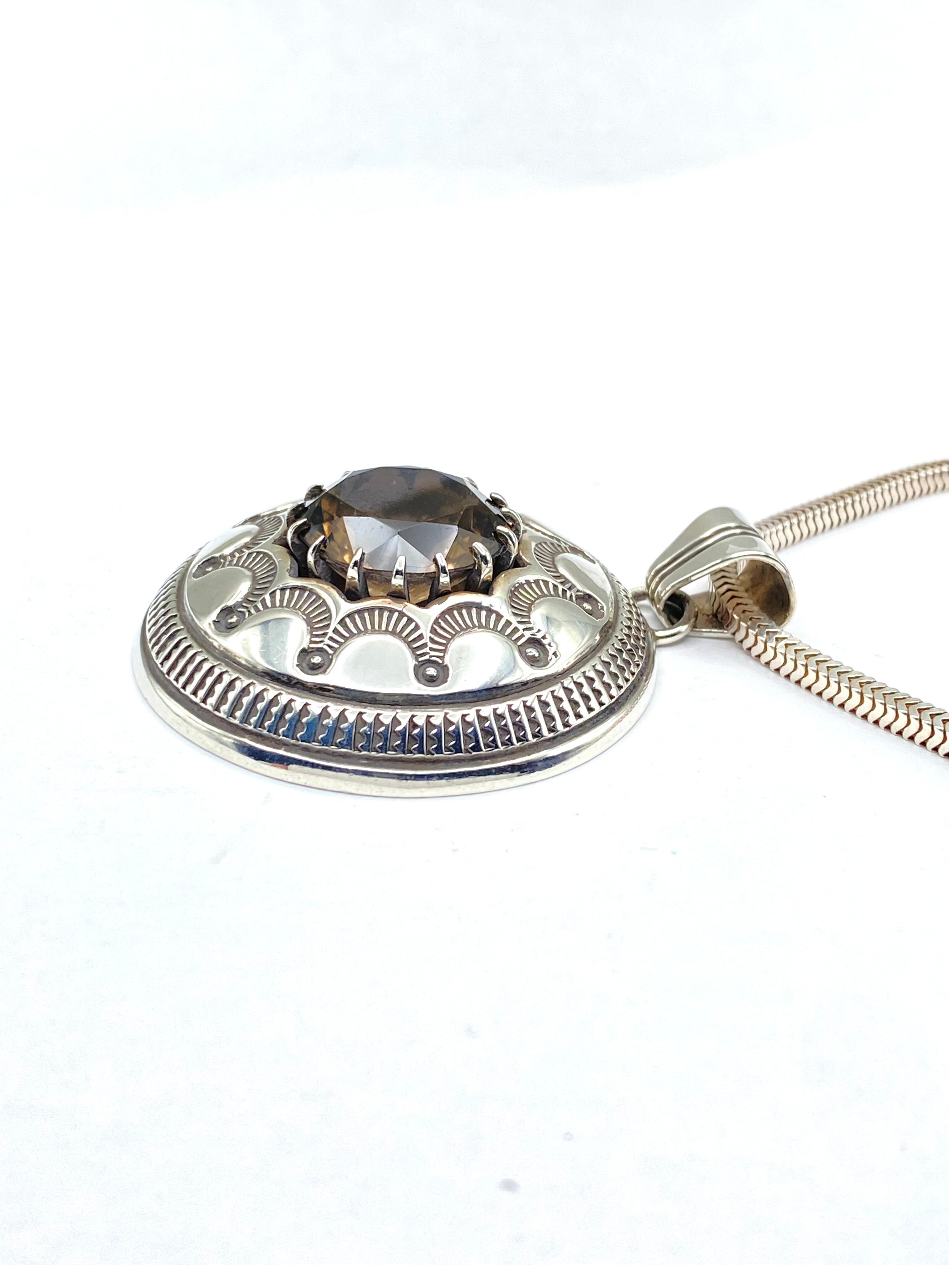 VTG Sterling Stamped Round Pendant Smoky Topaz Native American Signed