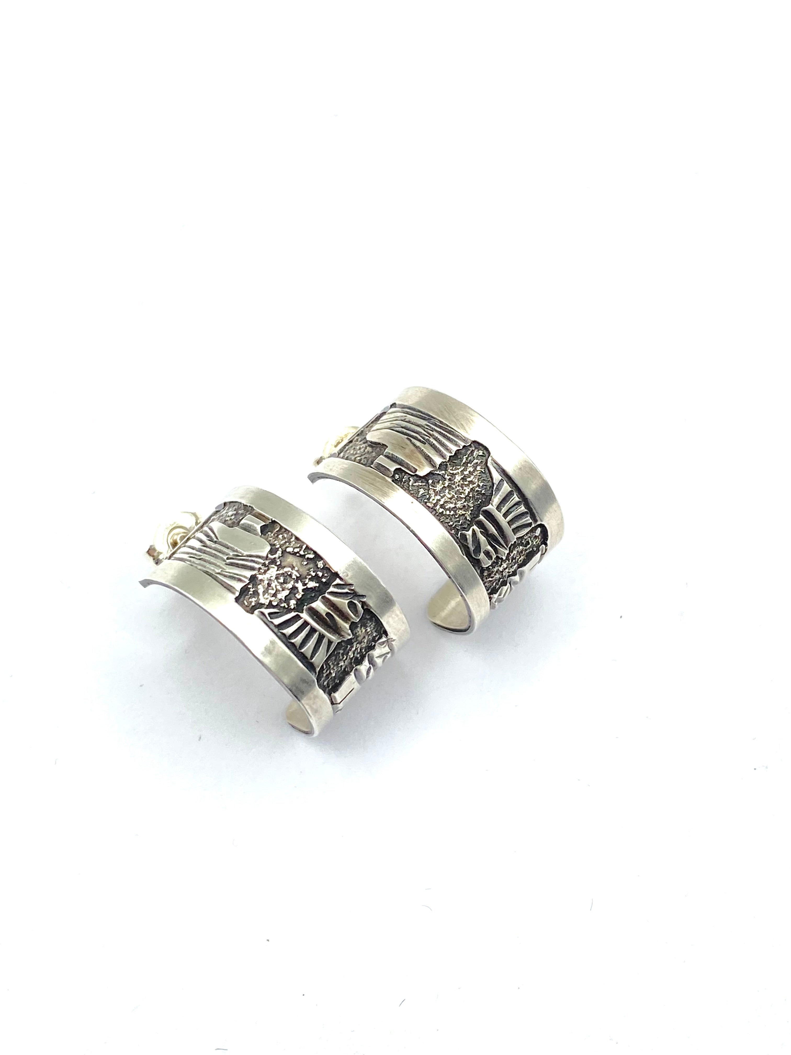 Sterling Silver Wide Hoop Earrings Story Teller Design Native American Signed