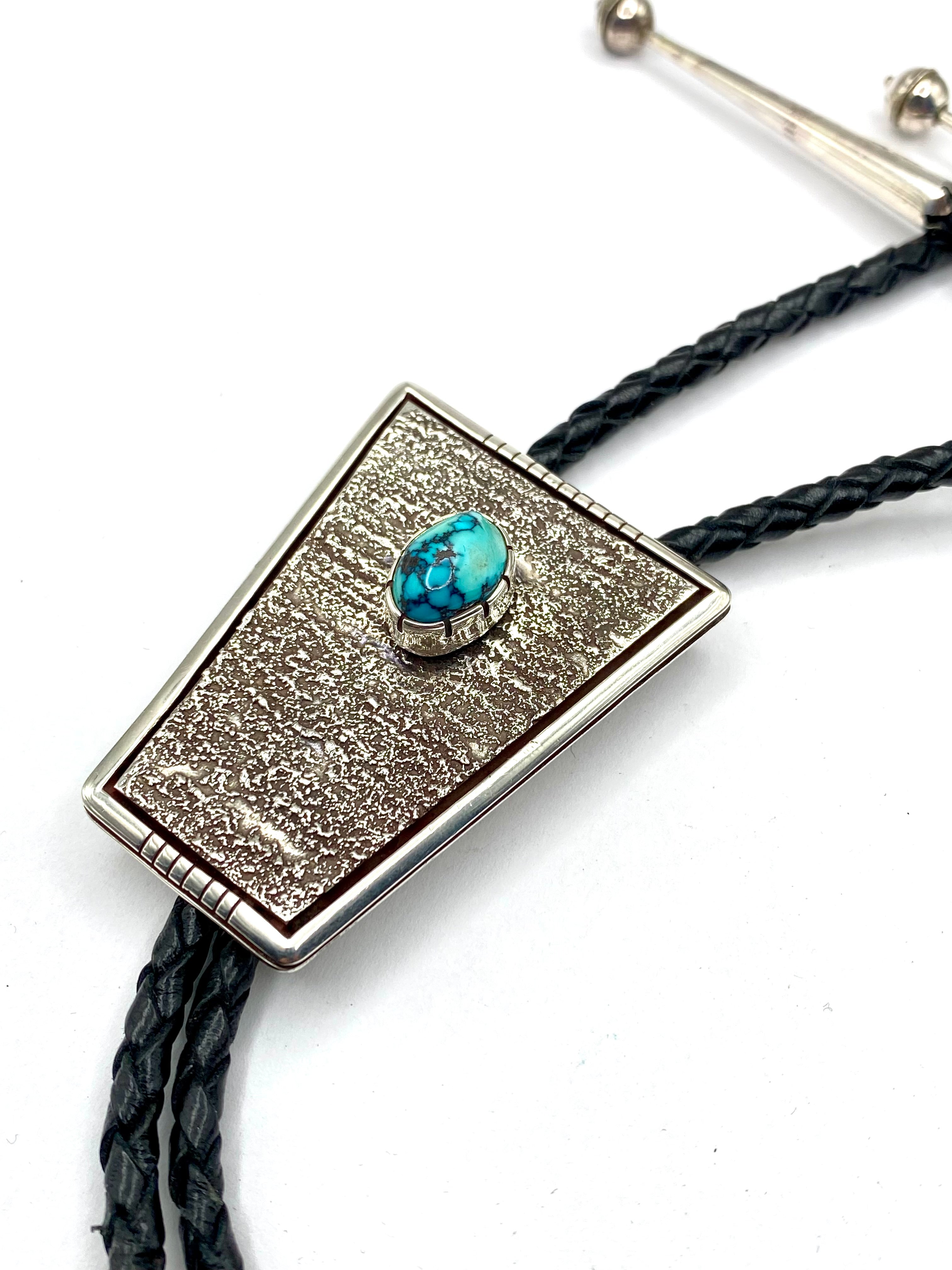 Sterling Silver Tufa Cast Bolo Tie Turquoise Heavy Gage Navajo Vernon Begaye