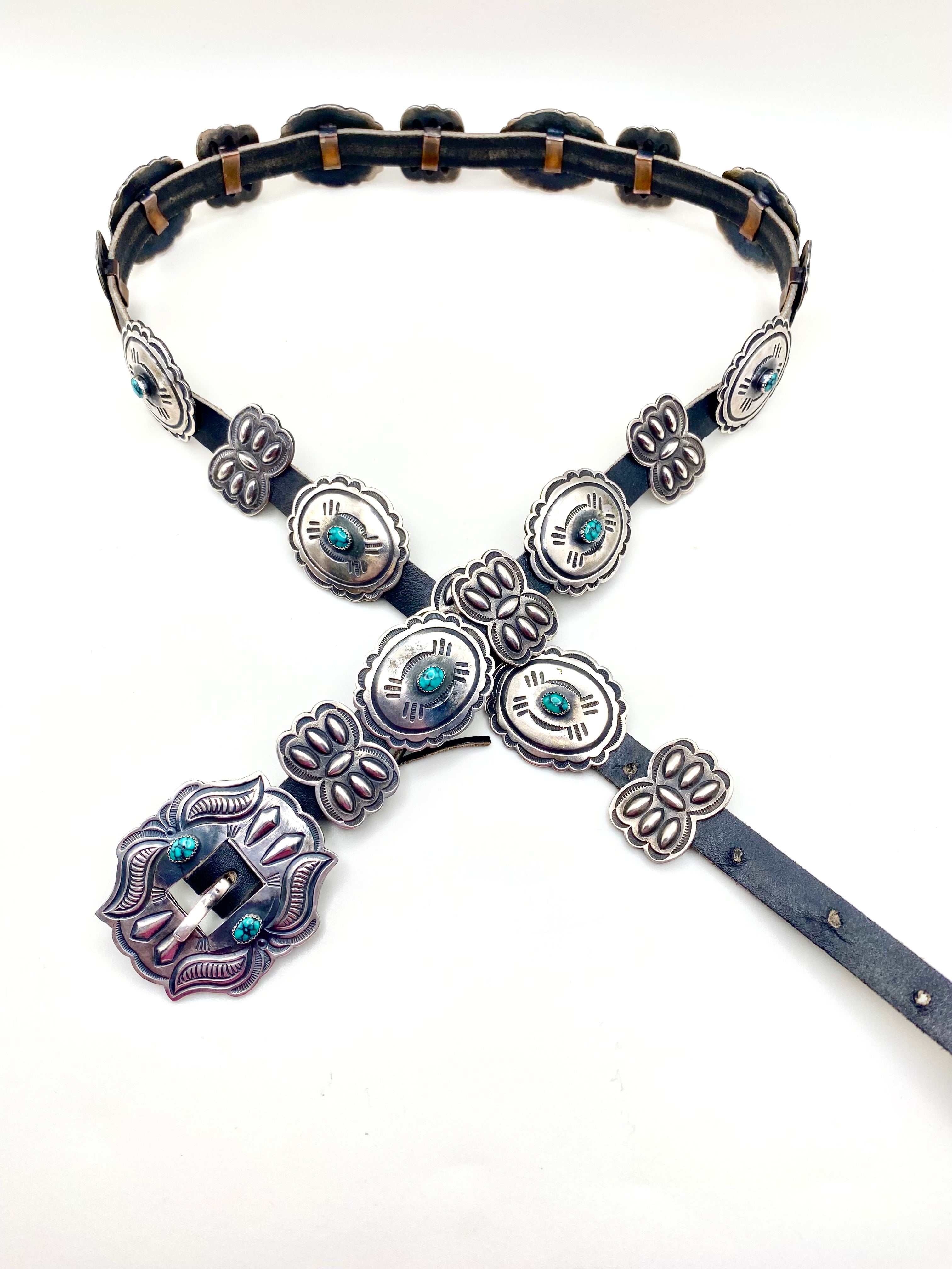 VTG Harry Morgan Concho Belt Sterling Spiderweb Turquoise Petite Navajo c. 1960s