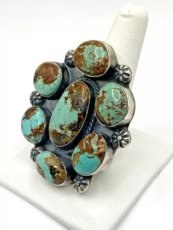 Green Turquoise Sterling Silver Statement Ring SZ 10 Adjustable Native American