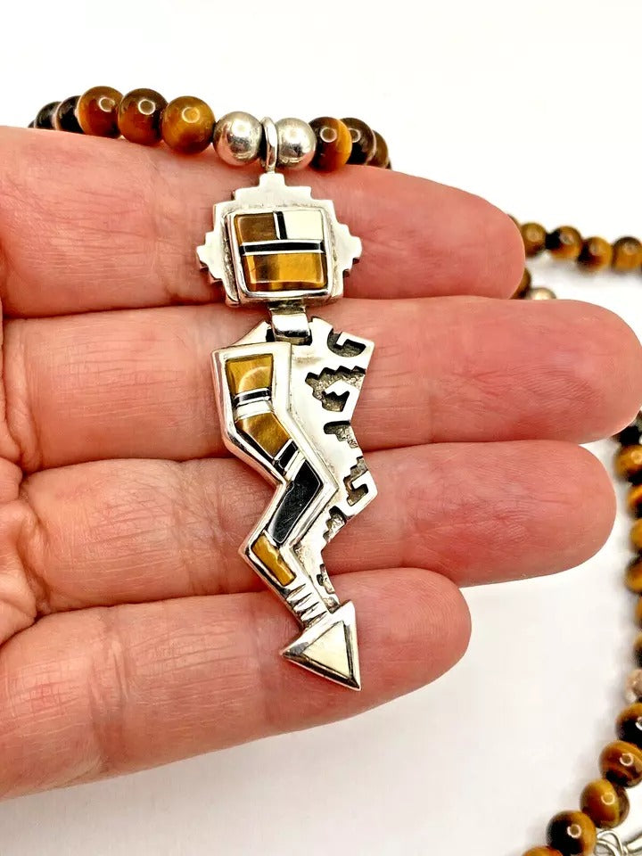 VTG Tiger Eye Bead Necklace 21" Sterling Inlay Kachina Pendant Navajo E. Hoskie