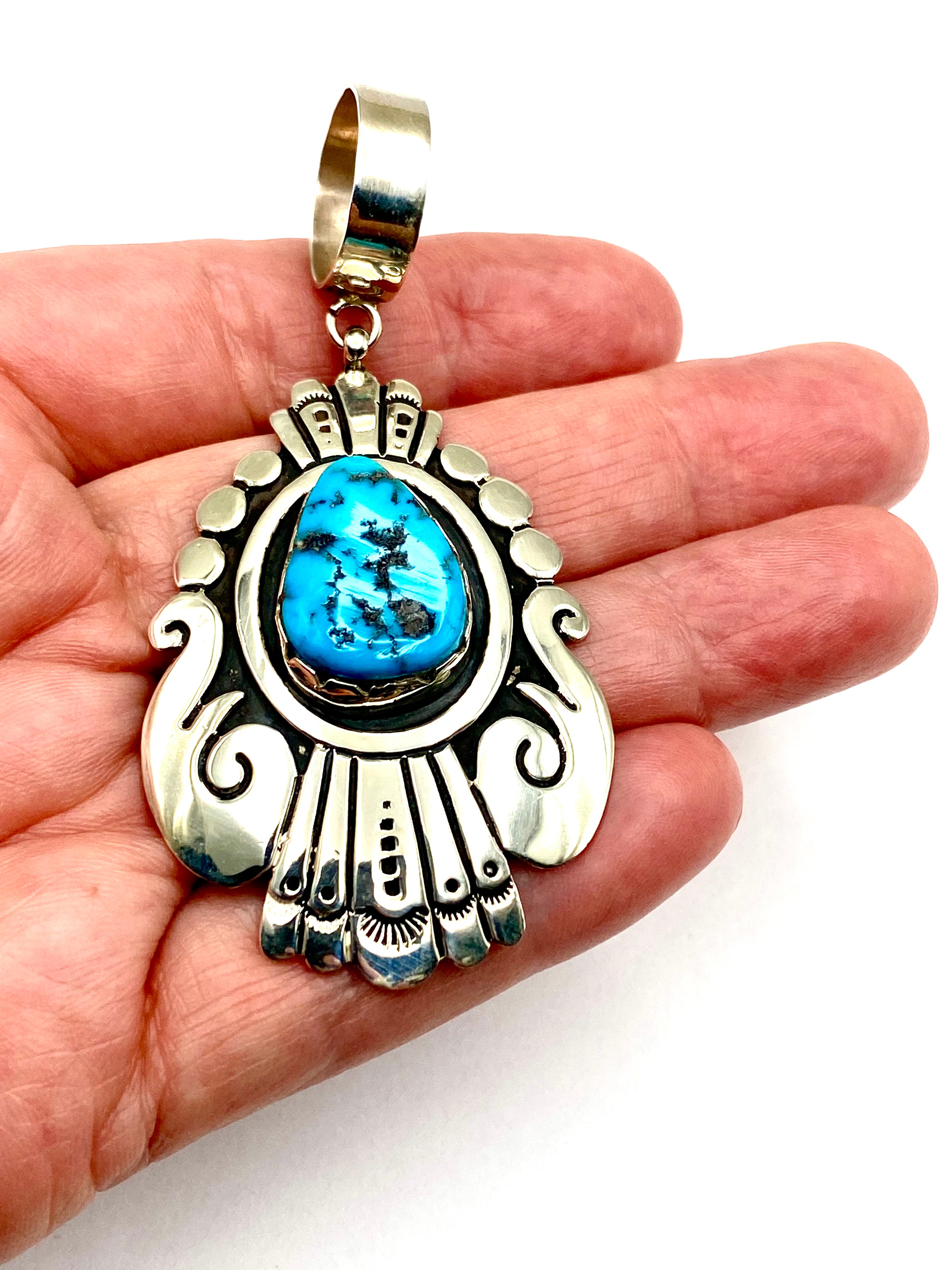 Sterling Teardrop Pendant Large Turquoise Stone T&R Singer Navajo