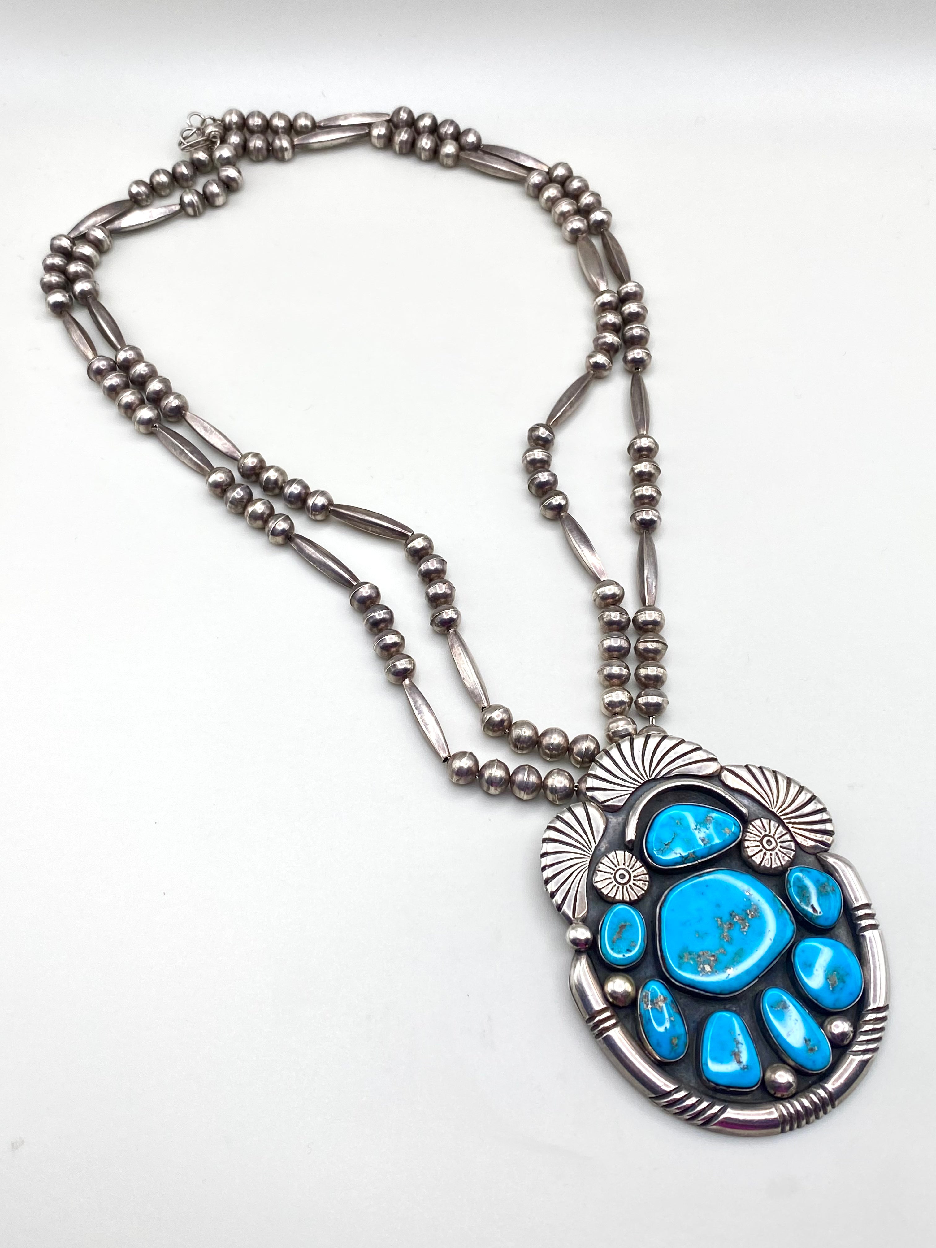 VTG Statement Pendant Old Blue Gem Turquoise Sterling Bench Beads T. Bahe Navajo