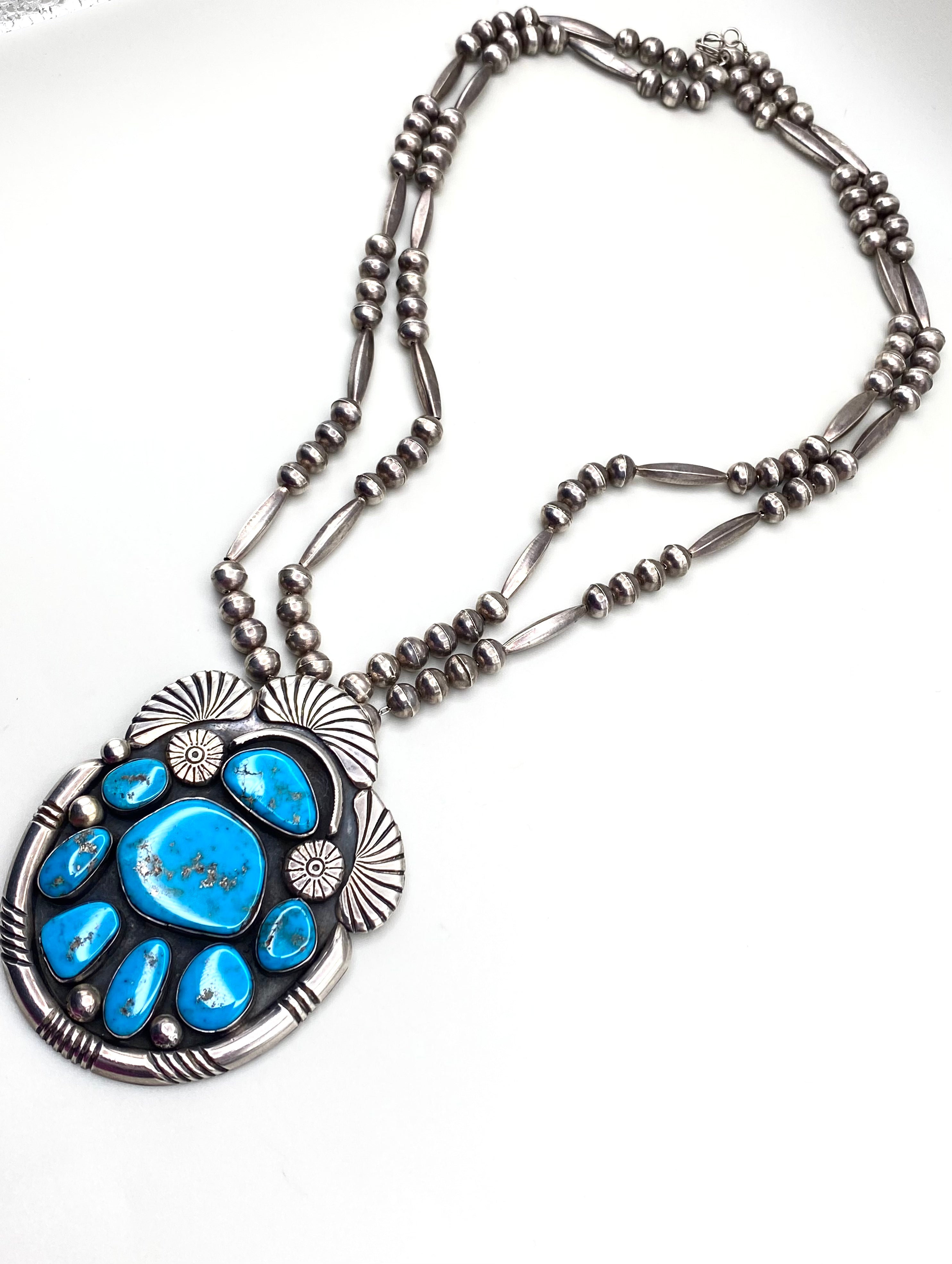 VTG Statement Pendant Old Blue Gem Turquoise Sterling Bench Beads T. Bahe Navajo