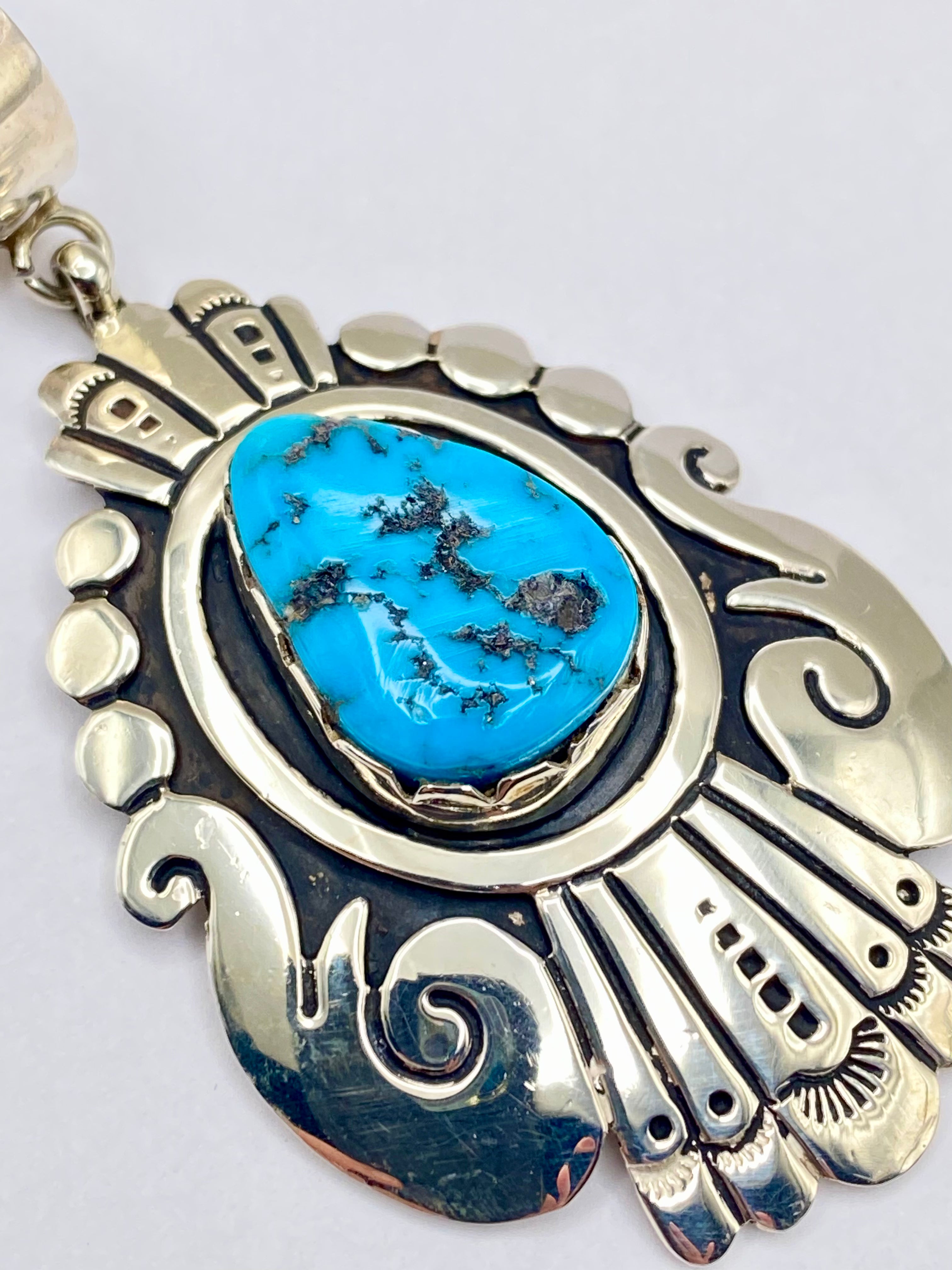 Sterling Teardrop Pendant Large Turquoise Stone T&R Singer Navajo