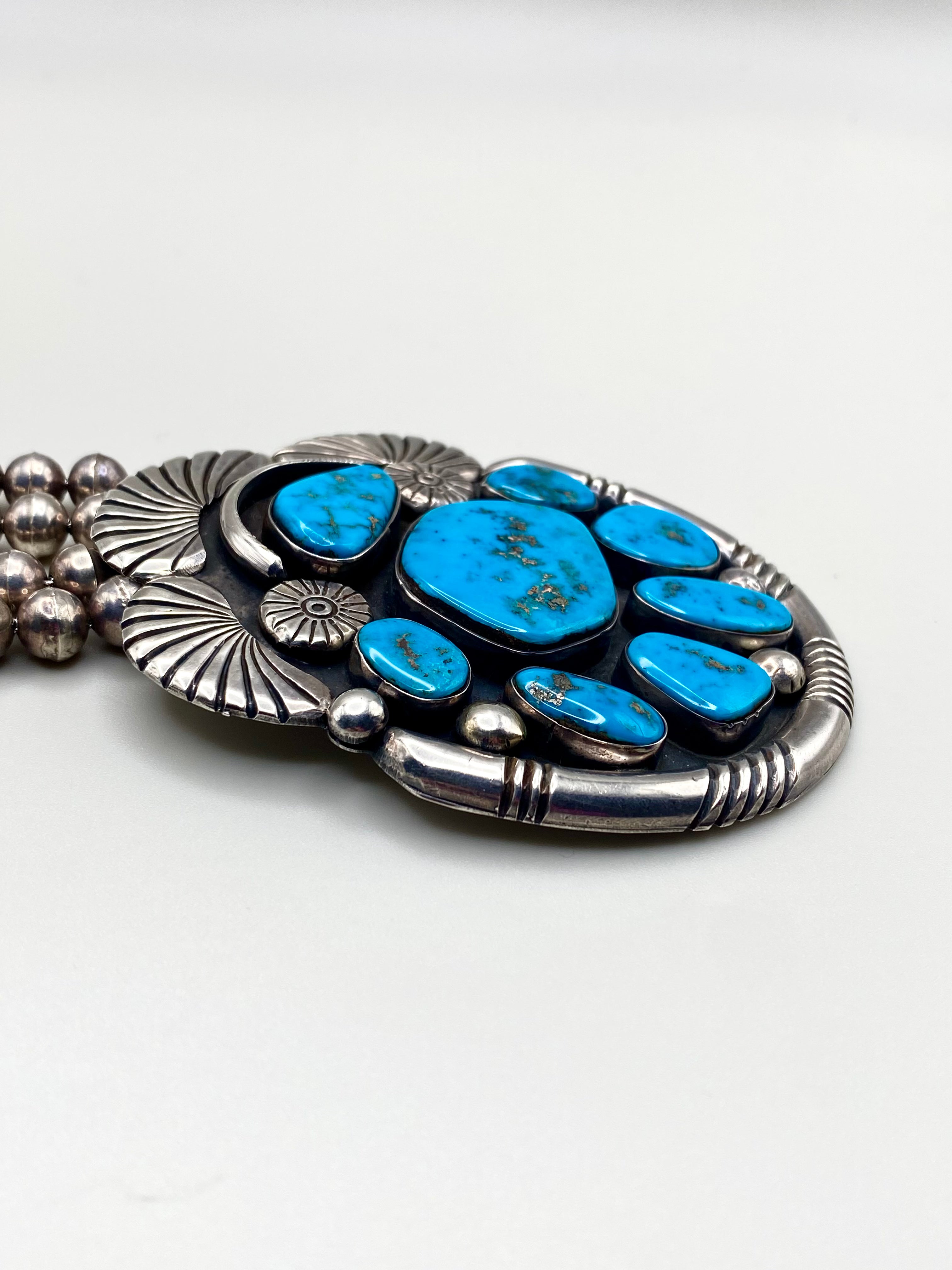VTG Statement Pendant Old Blue Gem Turquoise Sterling Bench Beads T. Bahe Navajo
