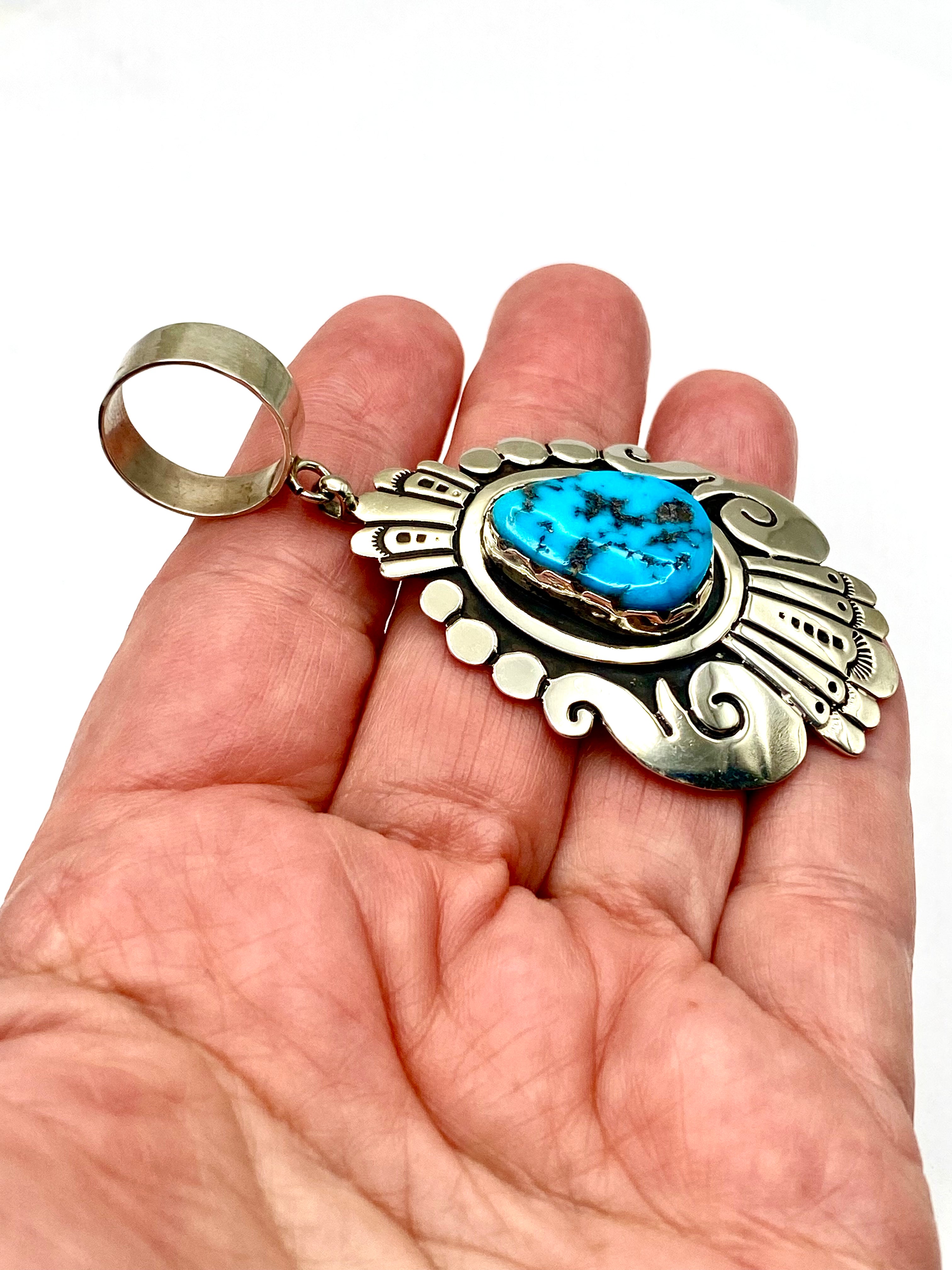 Sterling Teardrop Pendant Large Turquoise Stone T&R Singer Navajo