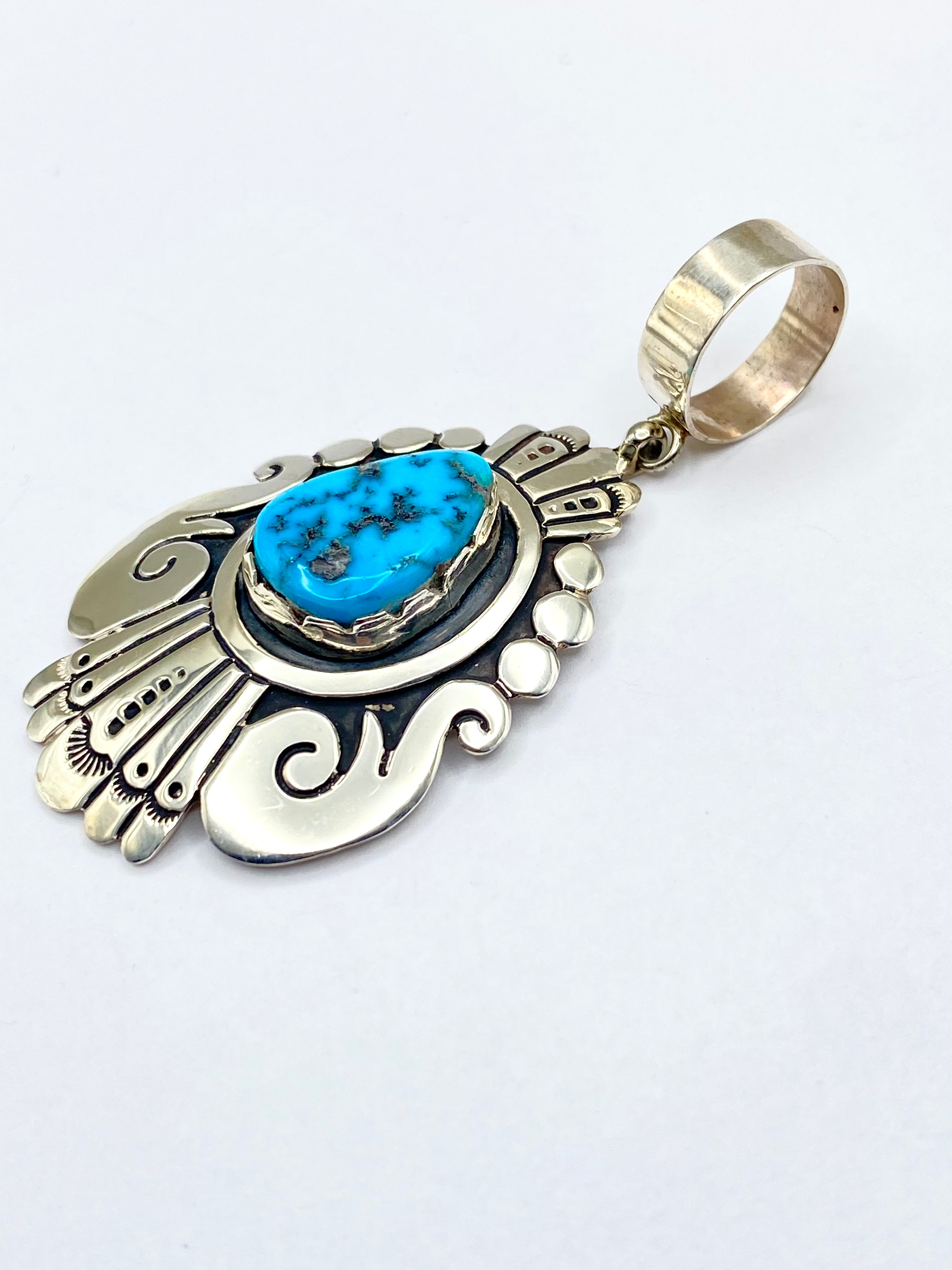 Sterling Teardrop Pendant Large Turquoise Stone T&R Singer Navajo