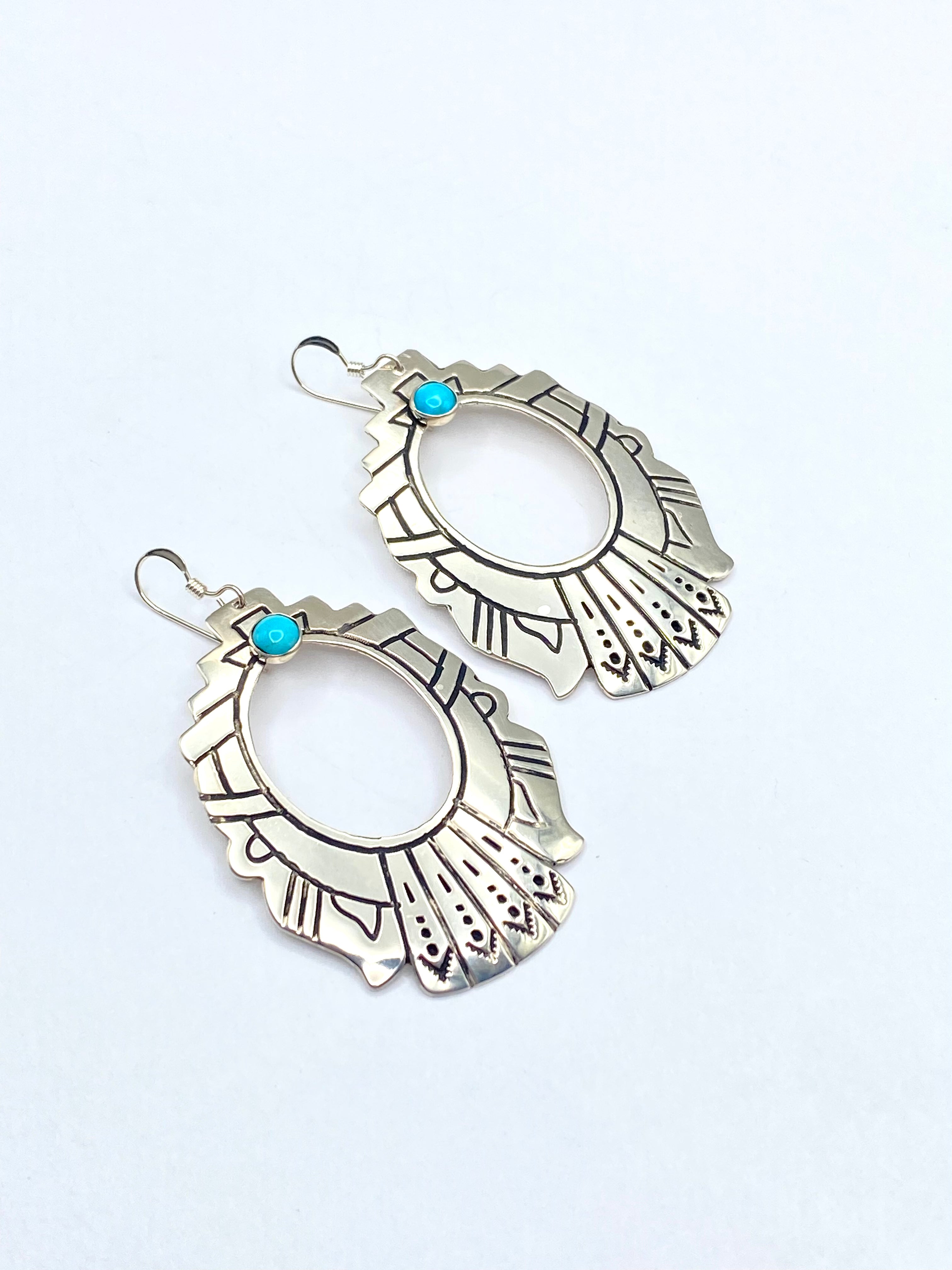 Large Sterling Teardrop Hoop Earrings Hooks Small Turquoise T&R Singer Navajo