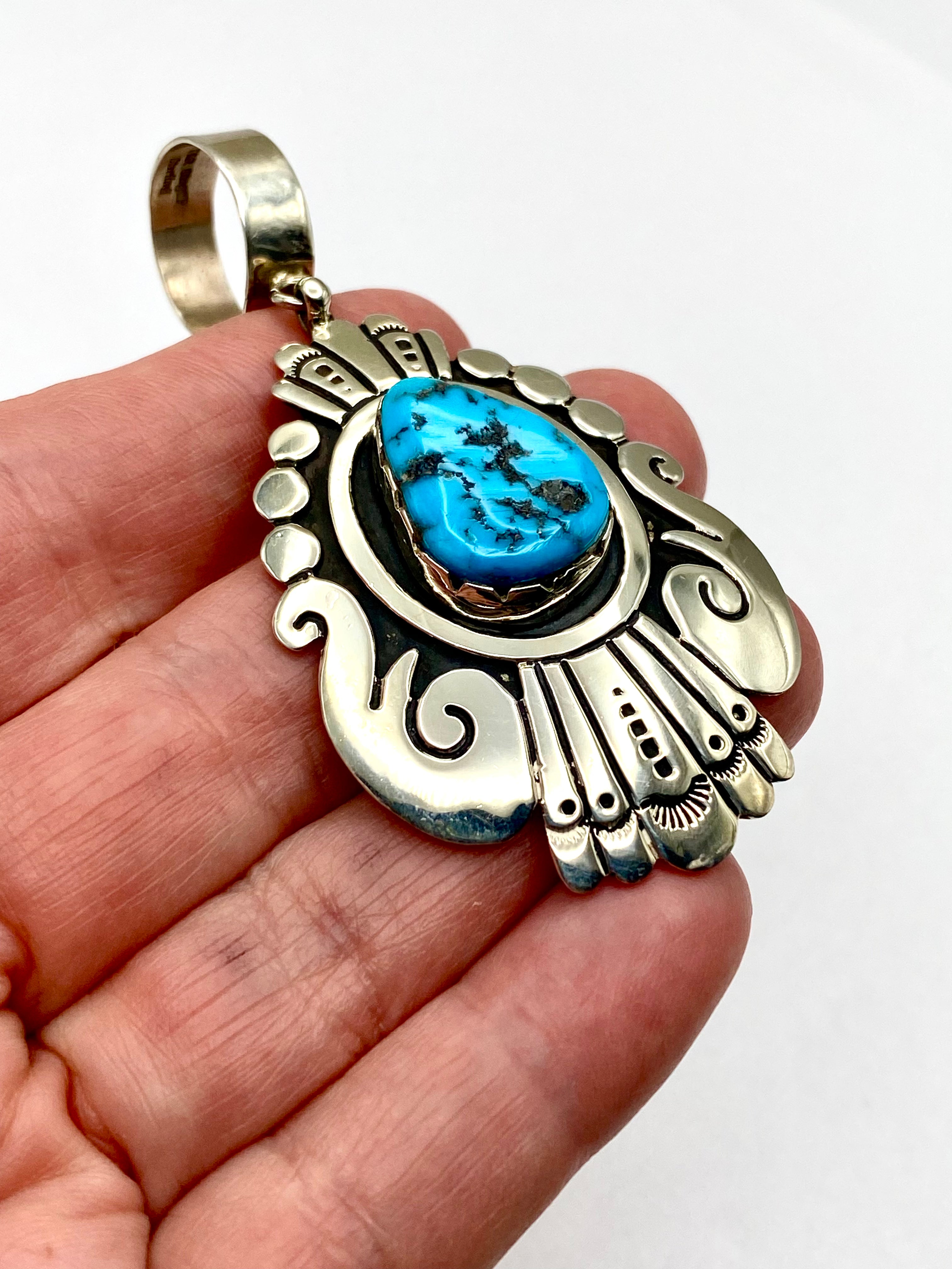 Sterling Teardrop Pendant Large Turquoise Stone T&R Singer Navajo