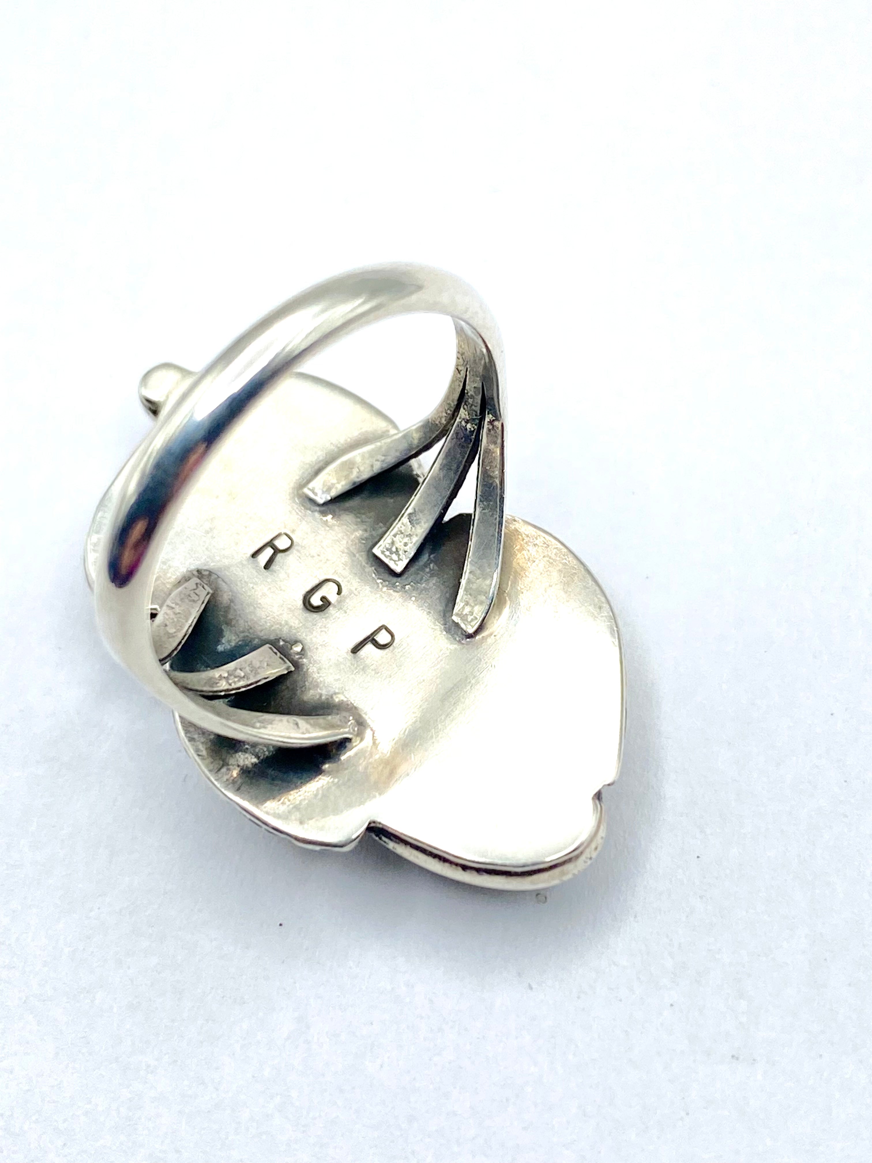 Vintage Sterling Pink Mussel Shell Ring Size 7.75 Leaf Applique Navajo Rita Pino