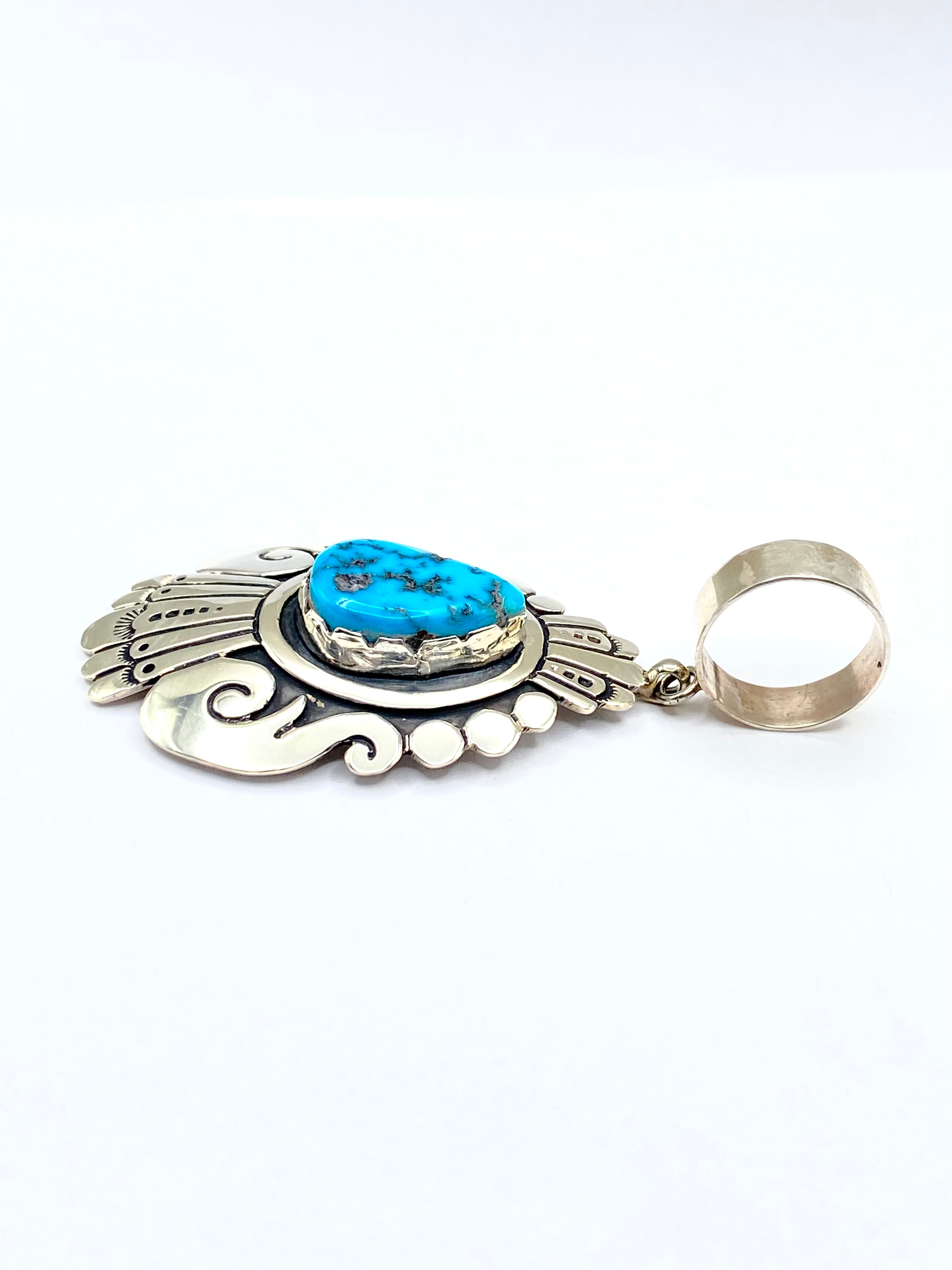Sterling Teardrop Pendant Large Turquoise Stone T&R Singer Navajo