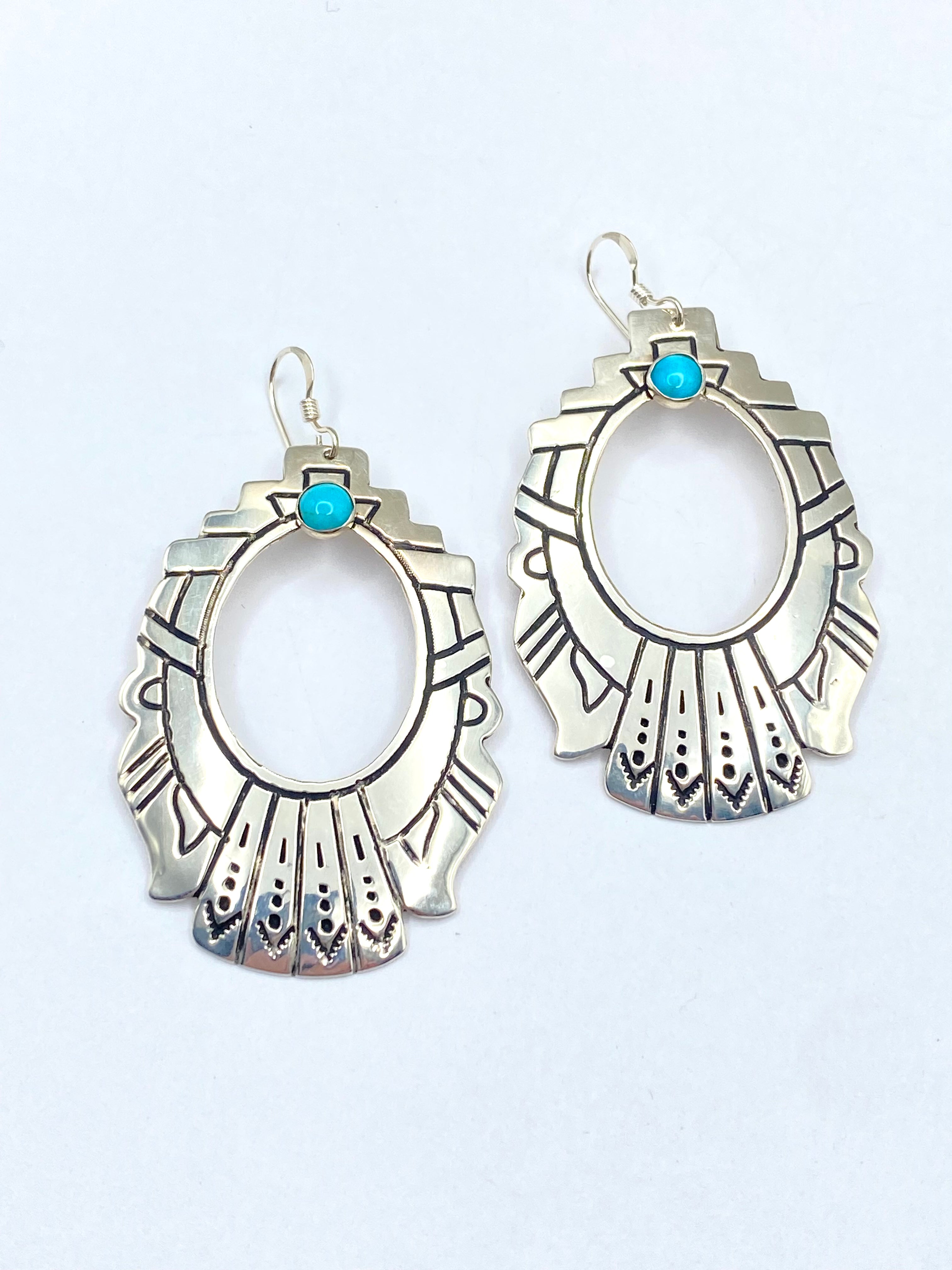 Large Sterling Teardrop Hoop Earrings Hooks Small Turquoise T&R Singer Navajo