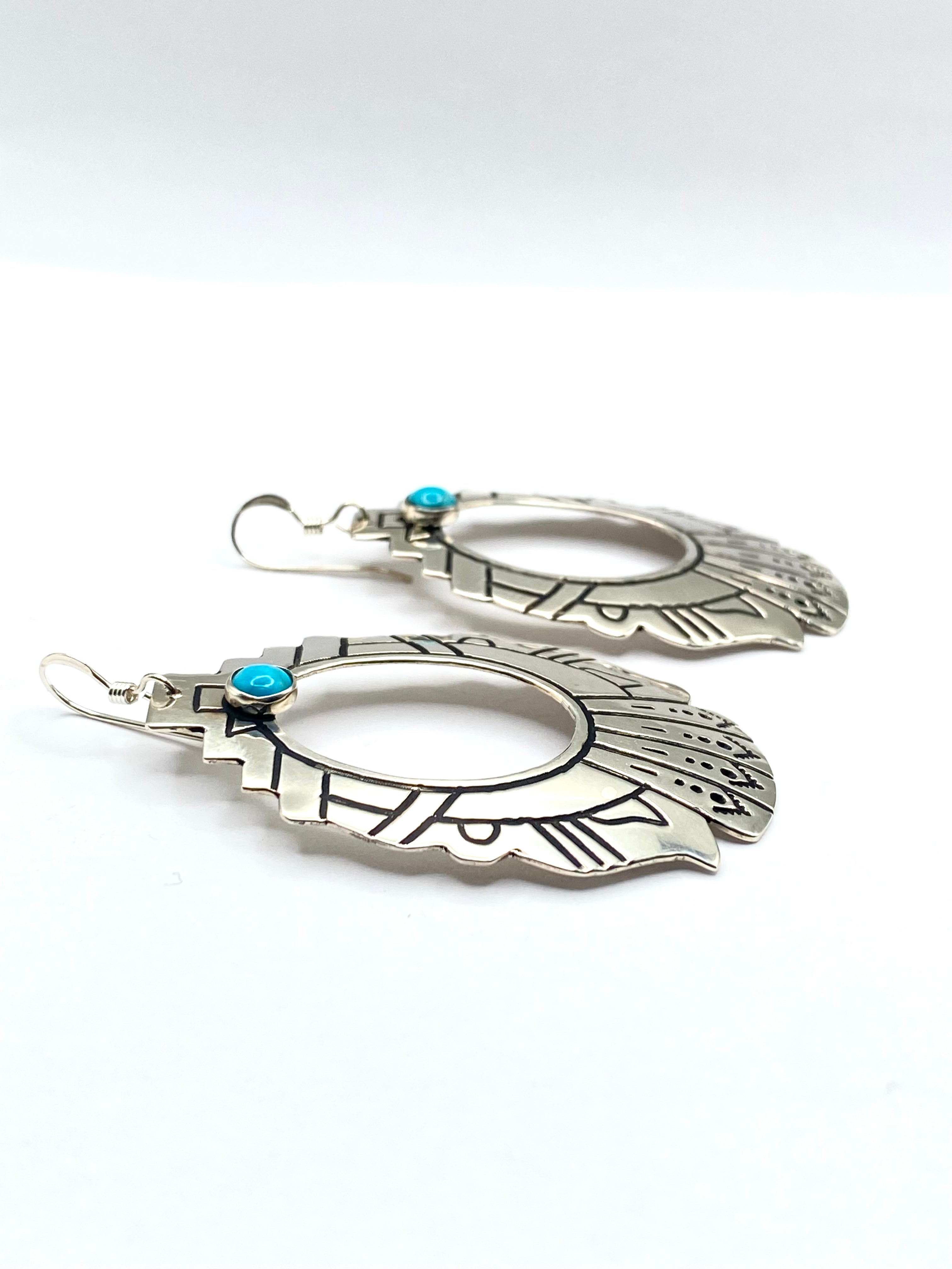 Large Sterling Teardrop Hoop Earrings Hooks Small Turquoise T&R Singer Navajo