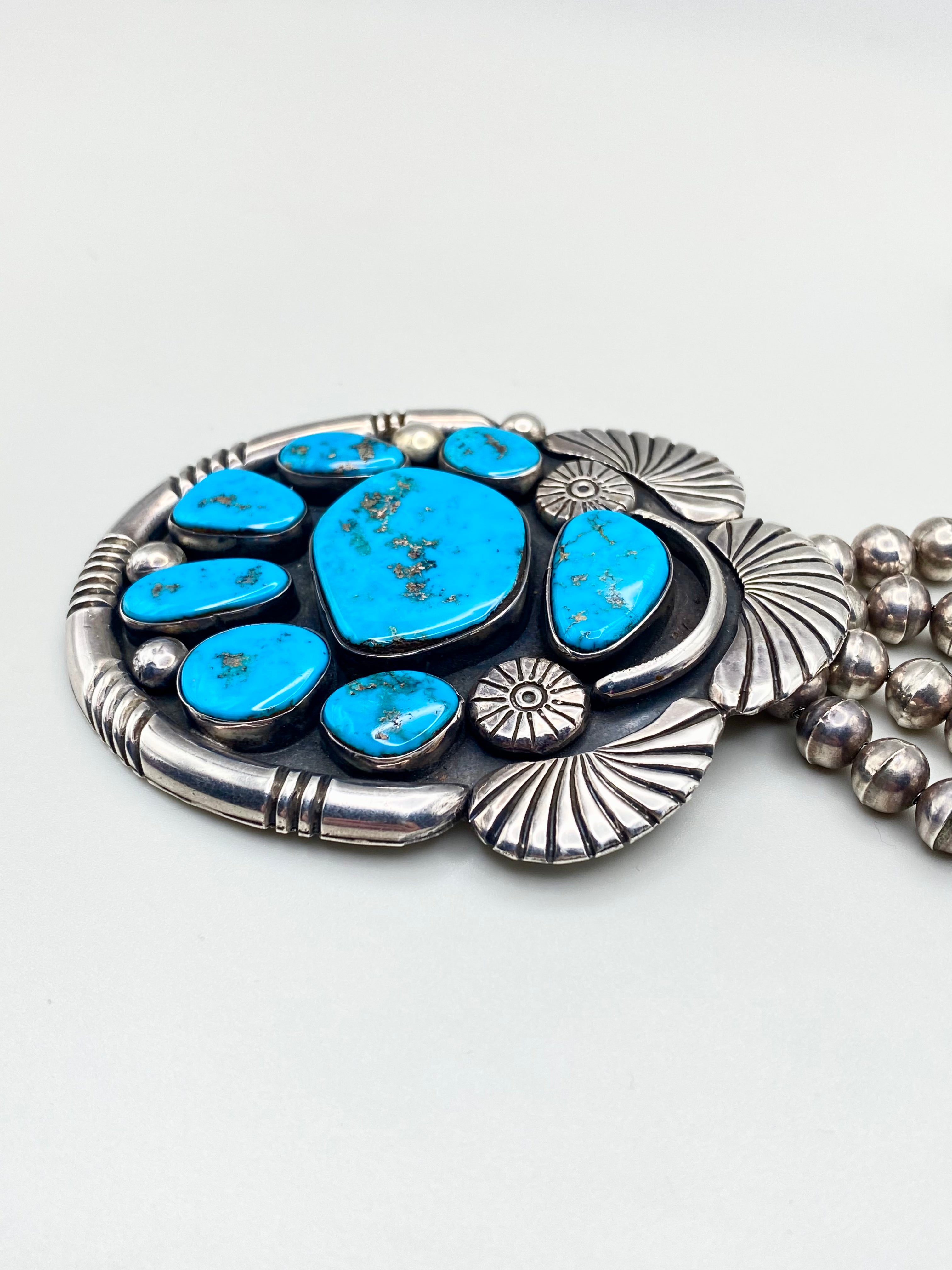 VTG Statement Pendant Old Blue Gem Turquoise Sterling Bench Beads T. Bahe Navajo