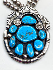 VTG Statement Pendant Old Blue Gem Turquoise Sterling Bench Beads T. Bahe Navajo