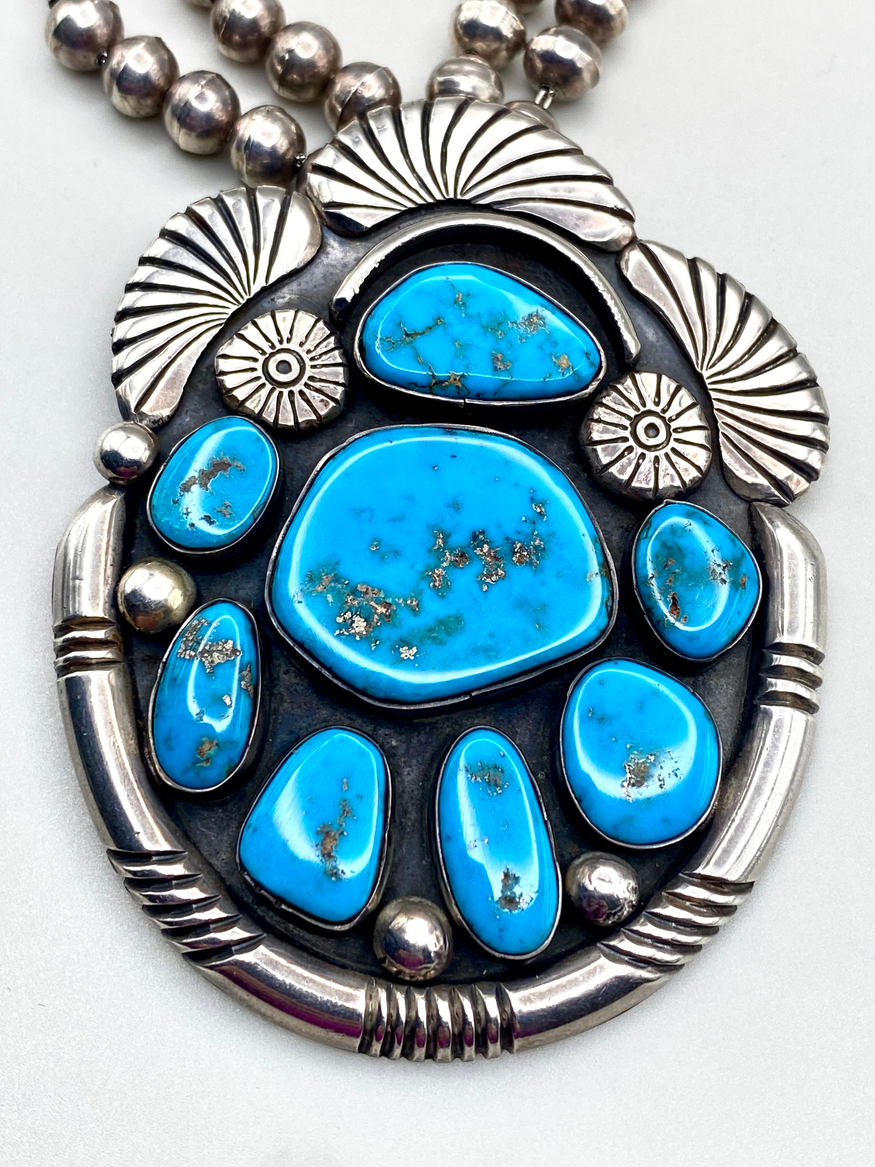 VTG Statement Pendant Old Blue Gem Turquoise Sterling Bench Beads T. Bahe Navajo