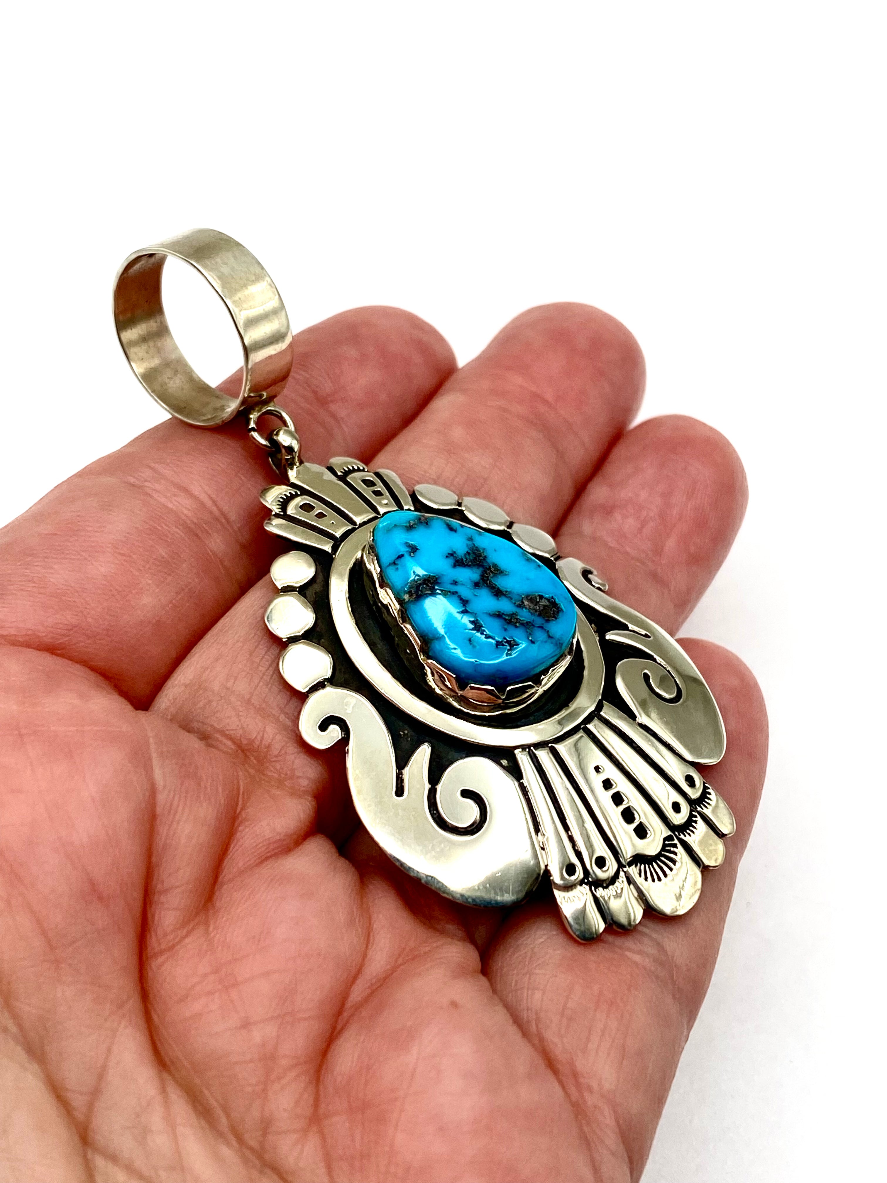 Sterling Teardrop Pendant Large Turquoise Stone T&R Singer Navajo