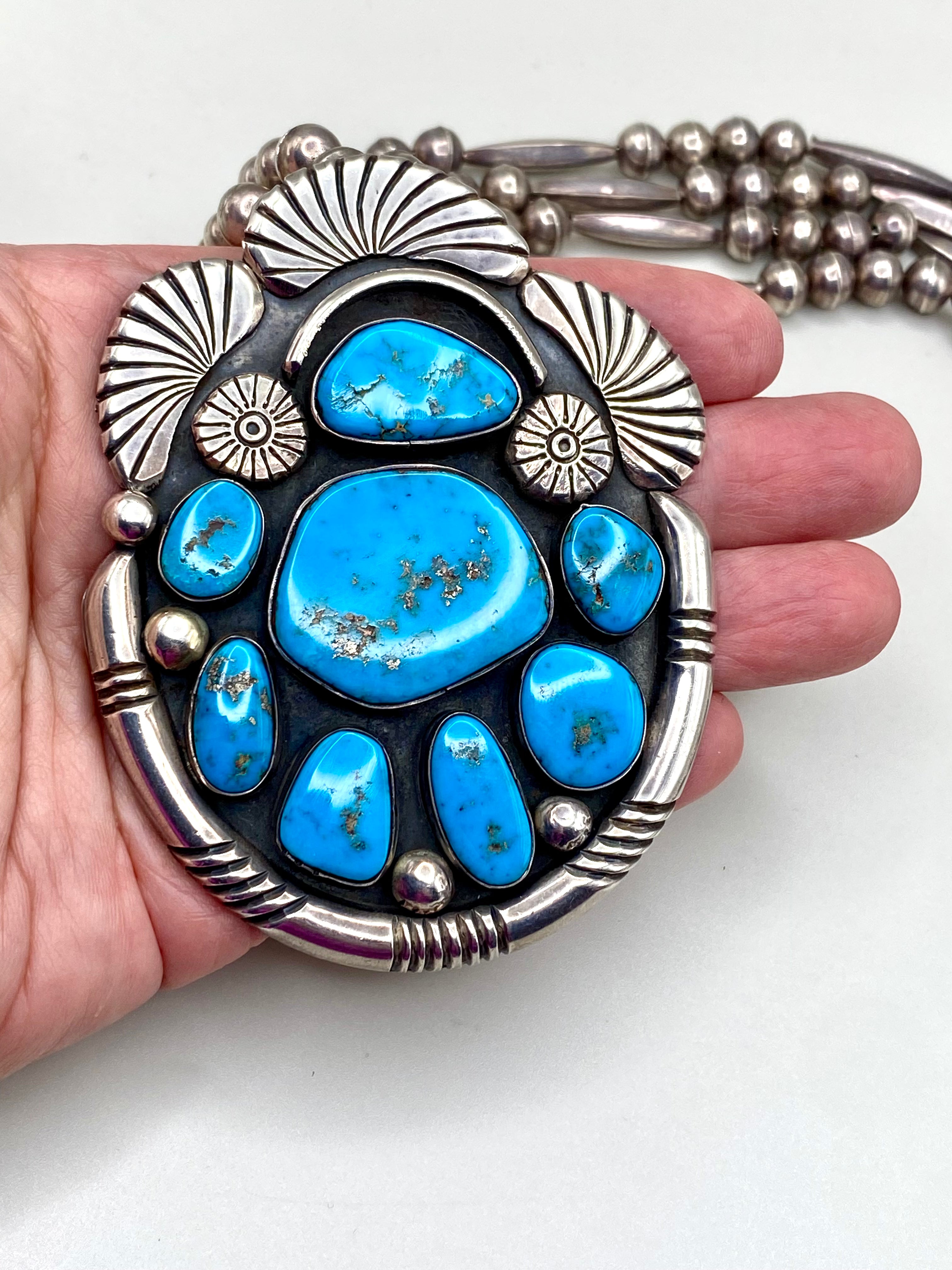 VTG Statement Pendant Old Blue Gem Turquoise Sterling Bench Beads T. Bahe Navajo