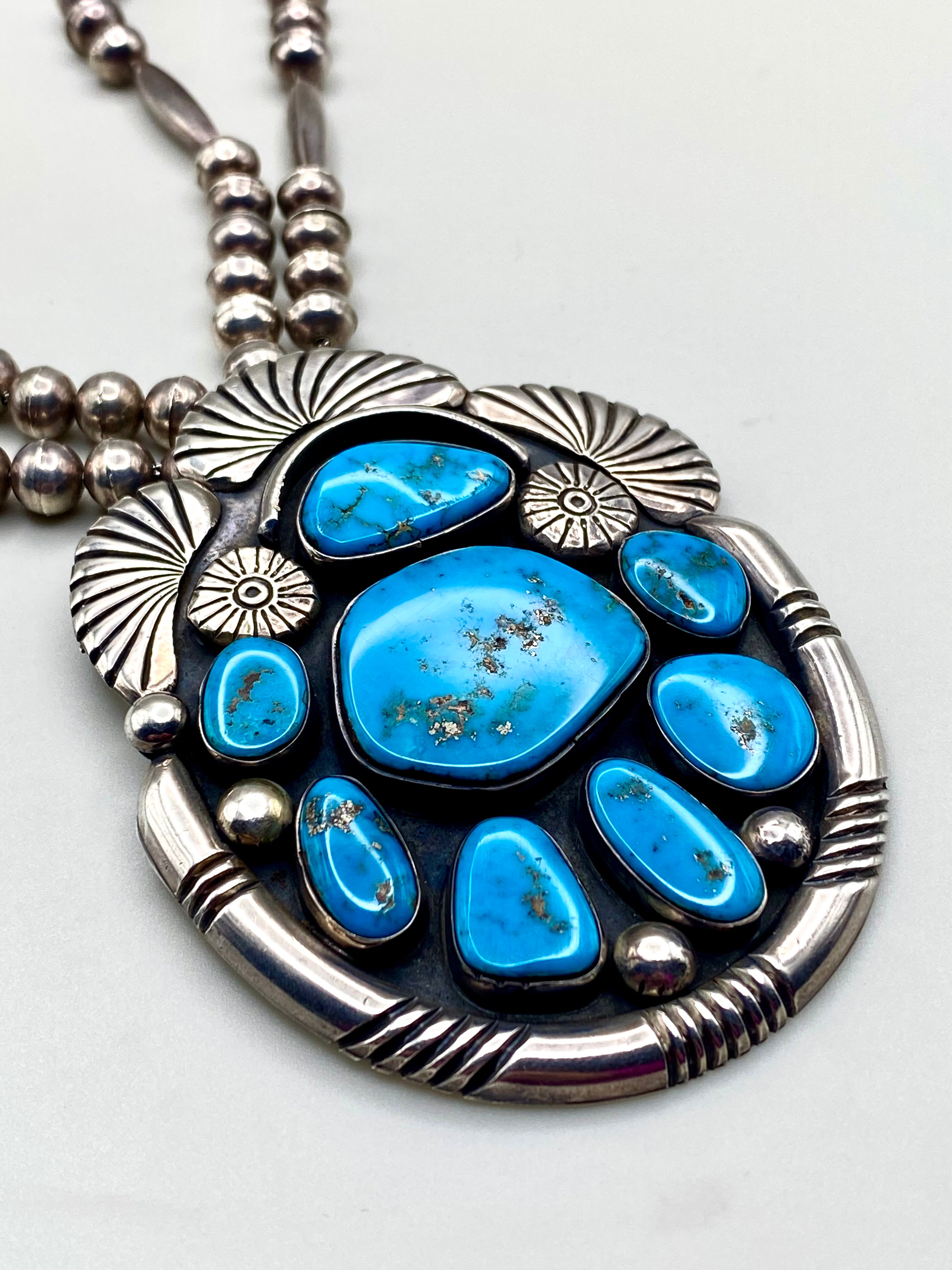 VTG Statement Pendant Old Blue Gem Turquoise Sterling Bench Beads T. Bahe Navajo