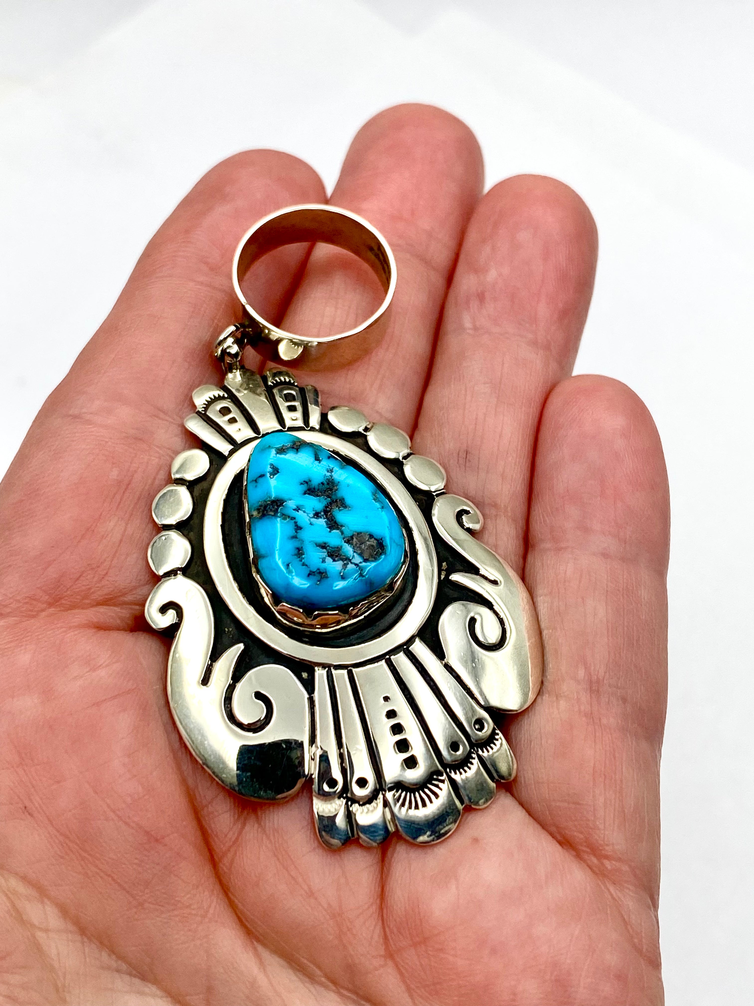 Sterling Teardrop Pendant Large Turquoise Stone T&R Singer Navajo