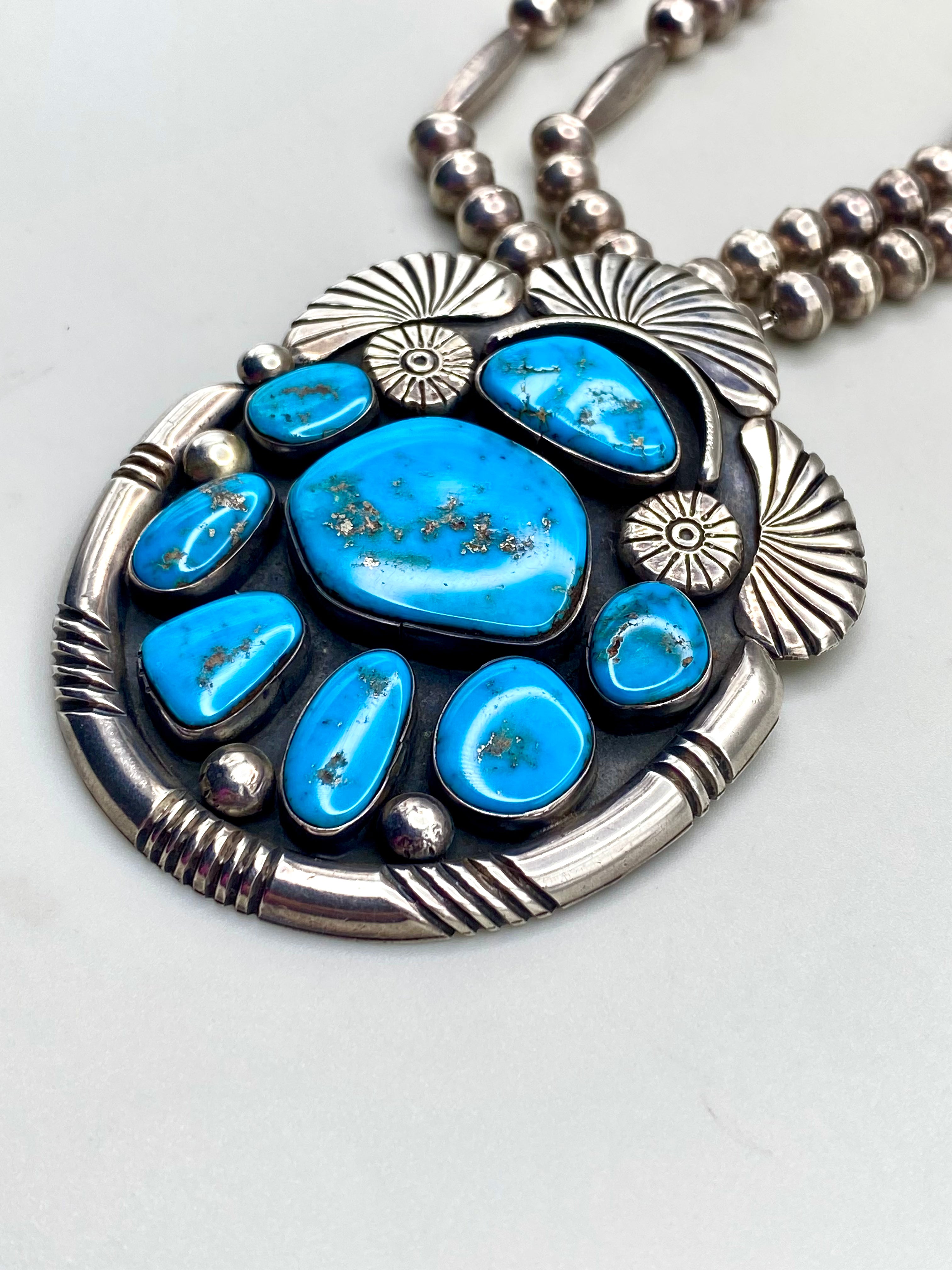 VTG Statement Pendant Old Blue Gem Turquoise Sterling Bench Beads T. Bahe Navajo