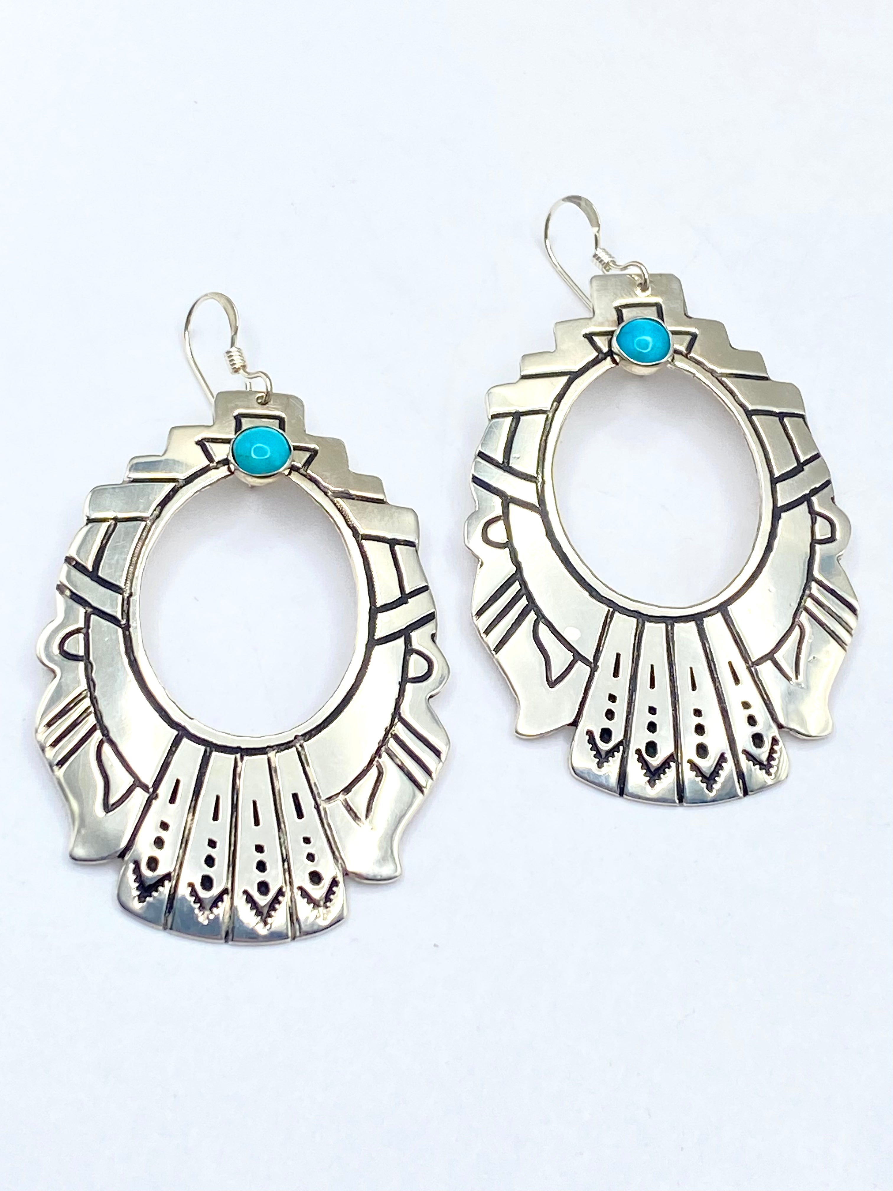 Large Sterling Teardrop Hoop Earrings Hooks Small Turquoise T&R Singer Navajo