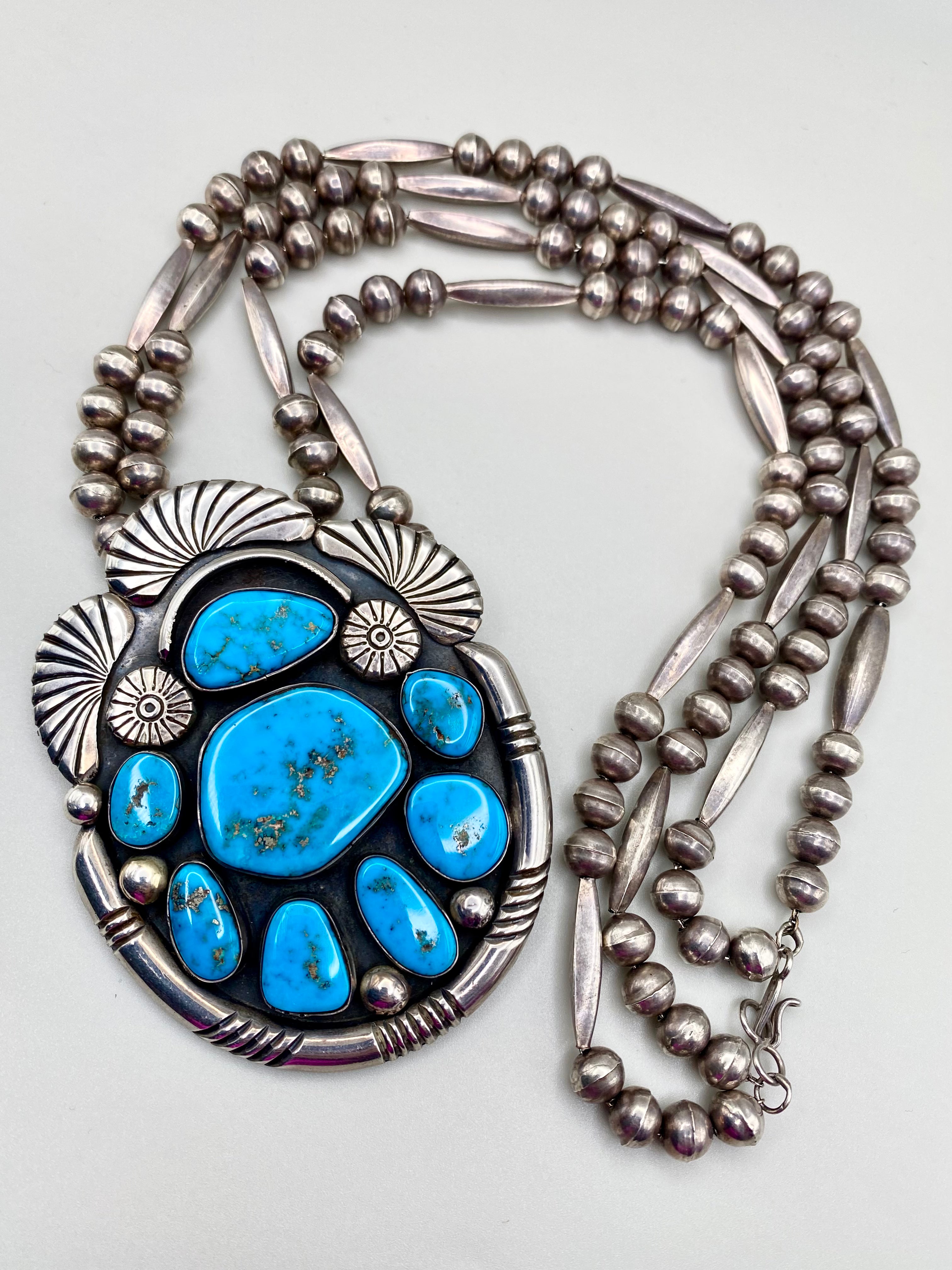 VTG Statement Pendant Old Blue Gem Turquoise Sterling Bench Beads T. Bahe Navajo