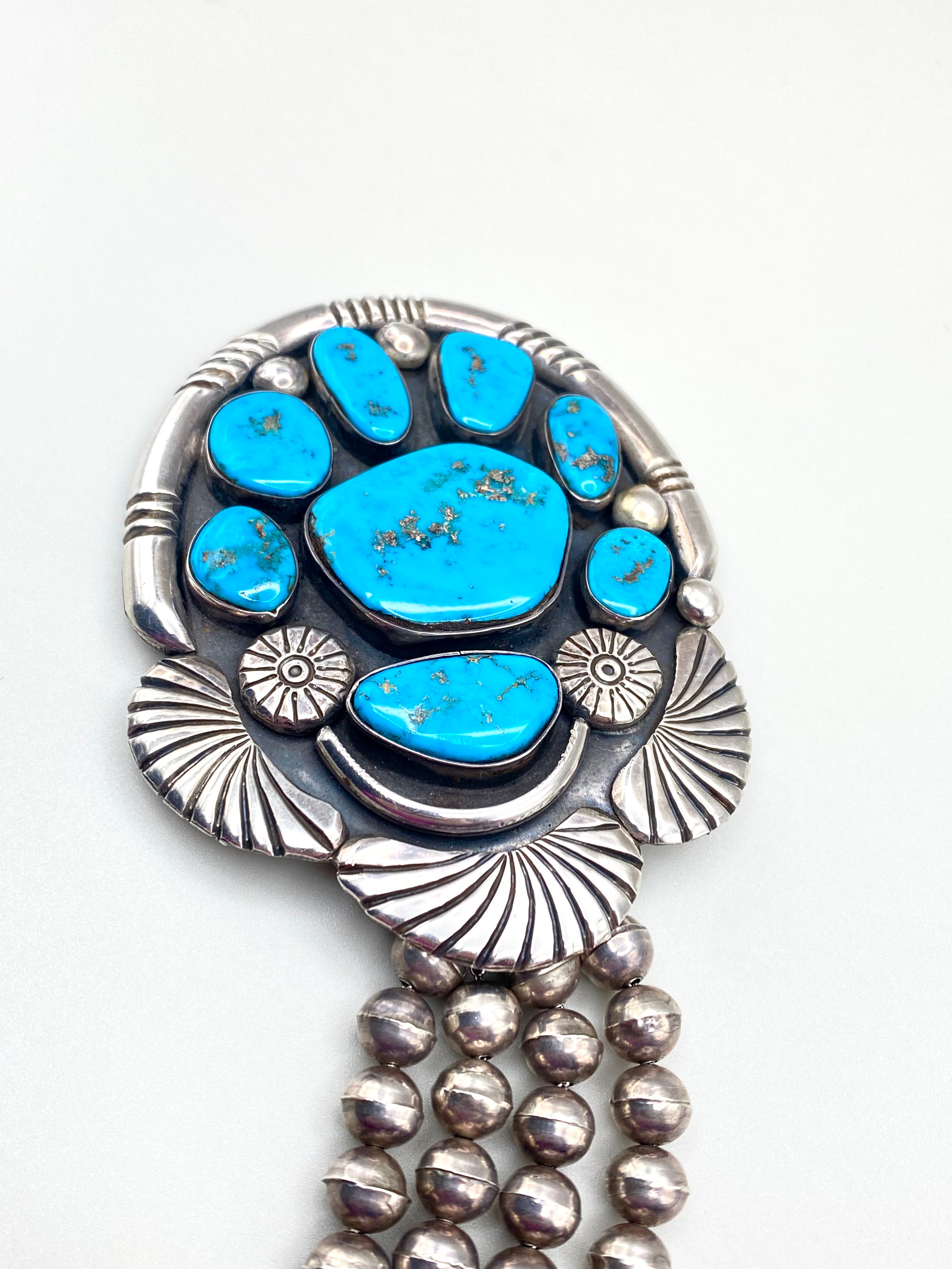VTG Statement Pendant Old Blue Gem Turquoise Sterling Bench Beads T. Bahe Navajo