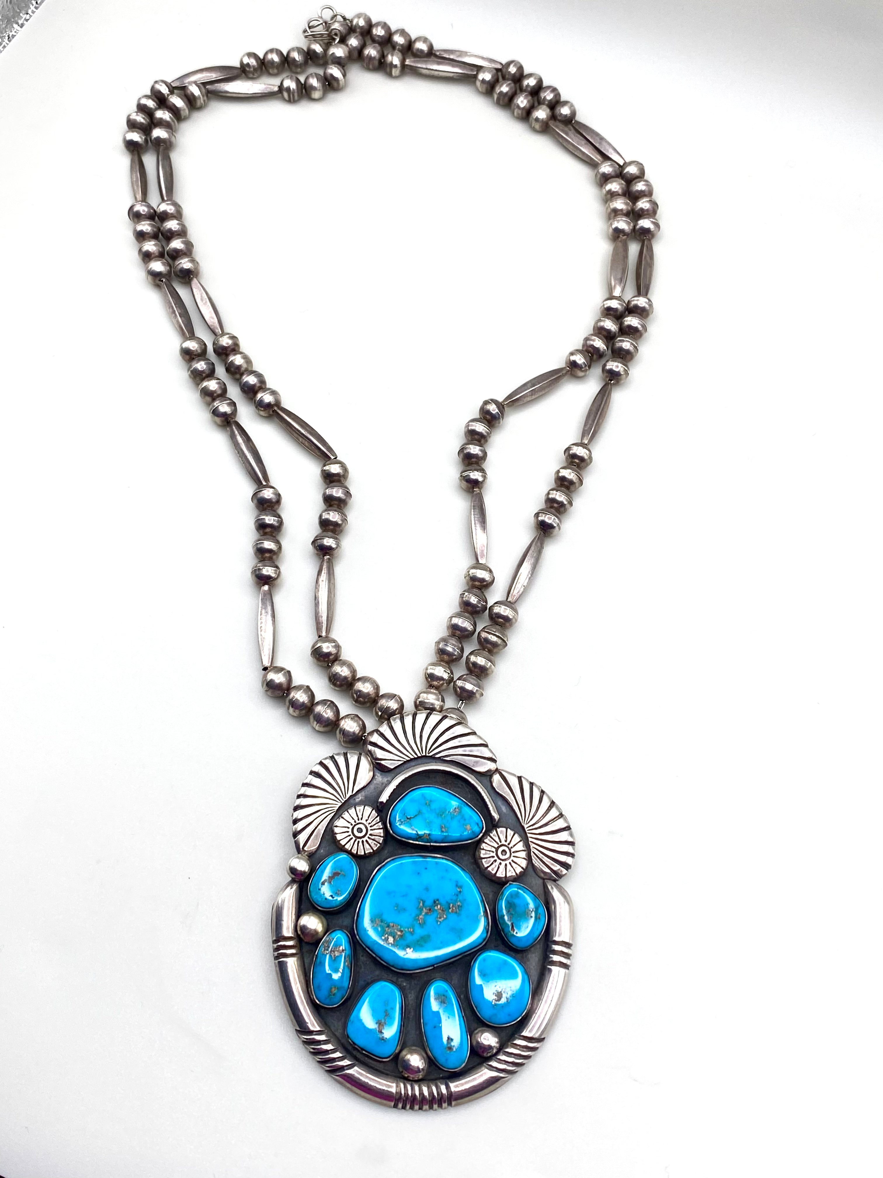 VTG Statement Pendant Old Blue Gem Turquoise Sterling Bench Beads T. Bahe Navajo