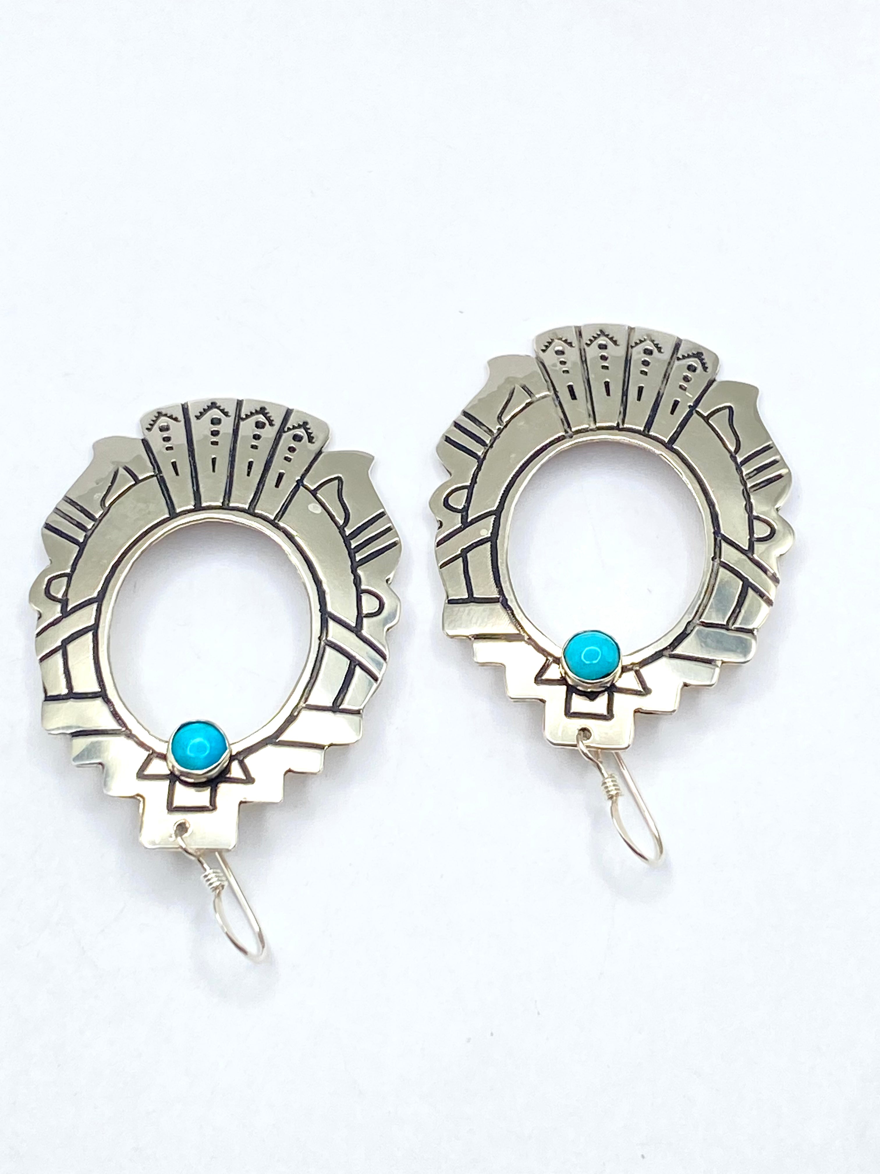 Large Sterling Teardrop Hoop Earrings Hooks Small Turquoise T&R Singer Navajo