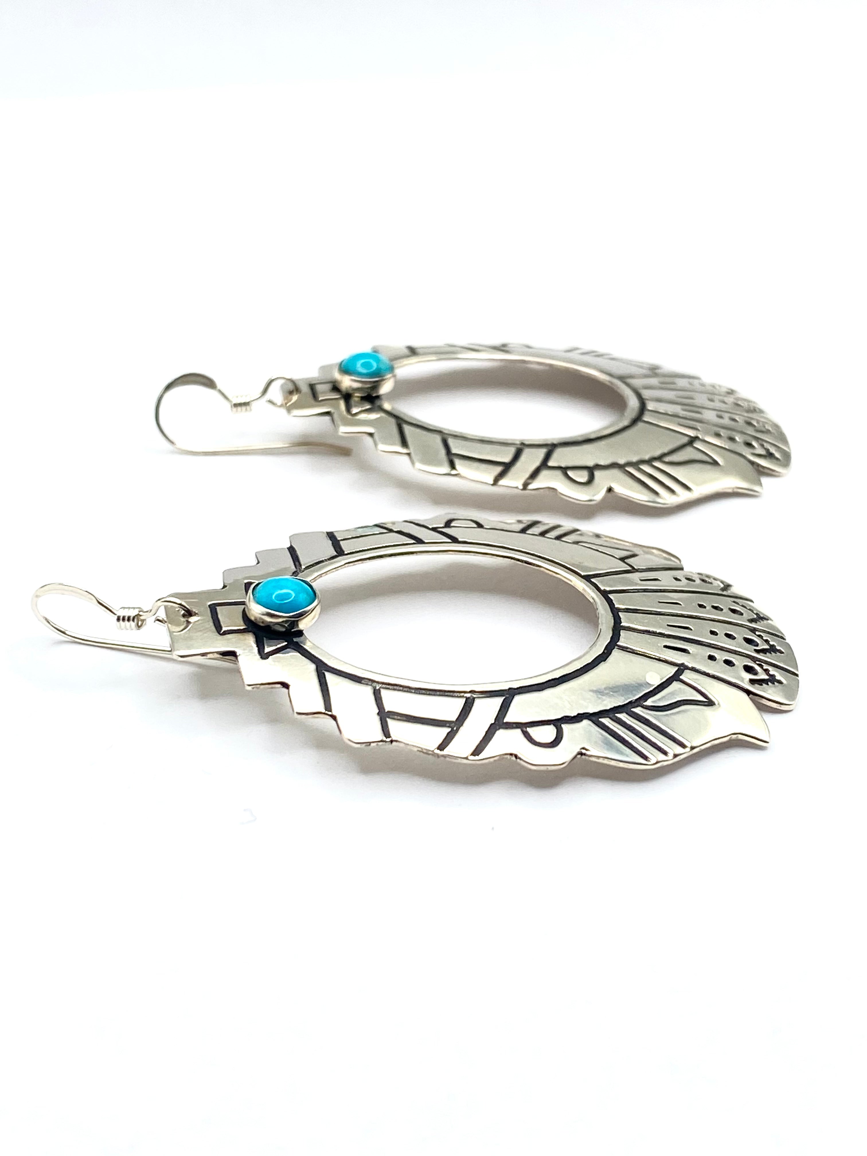 Large Sterling Teardrop Hoop Earrings Hooks Small Turquoise T&R Singer Navajo