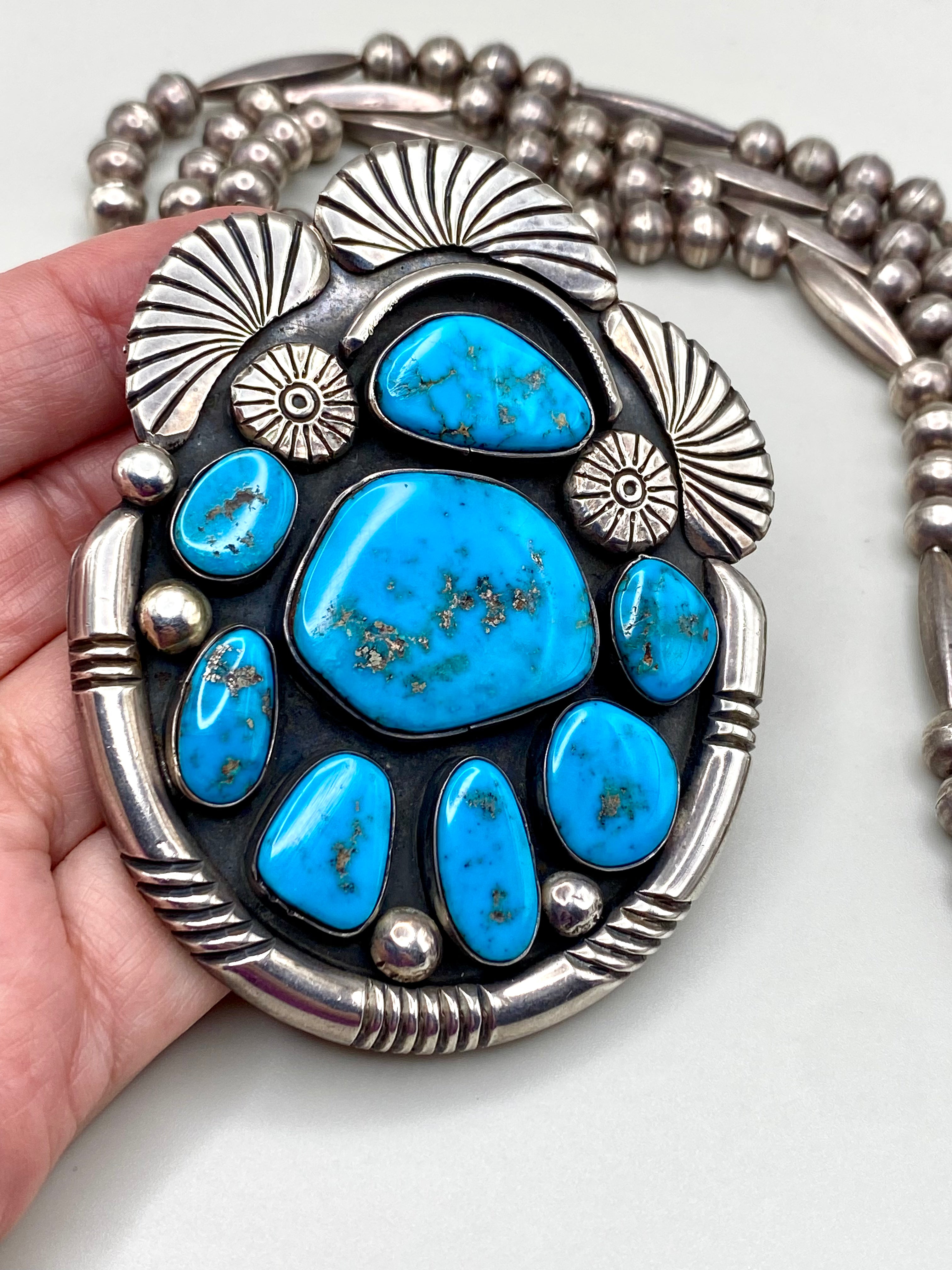 VTG Statement Pendant Old Blue Gem Turquoise Sterling Bench Beads T. Bahe Navajo