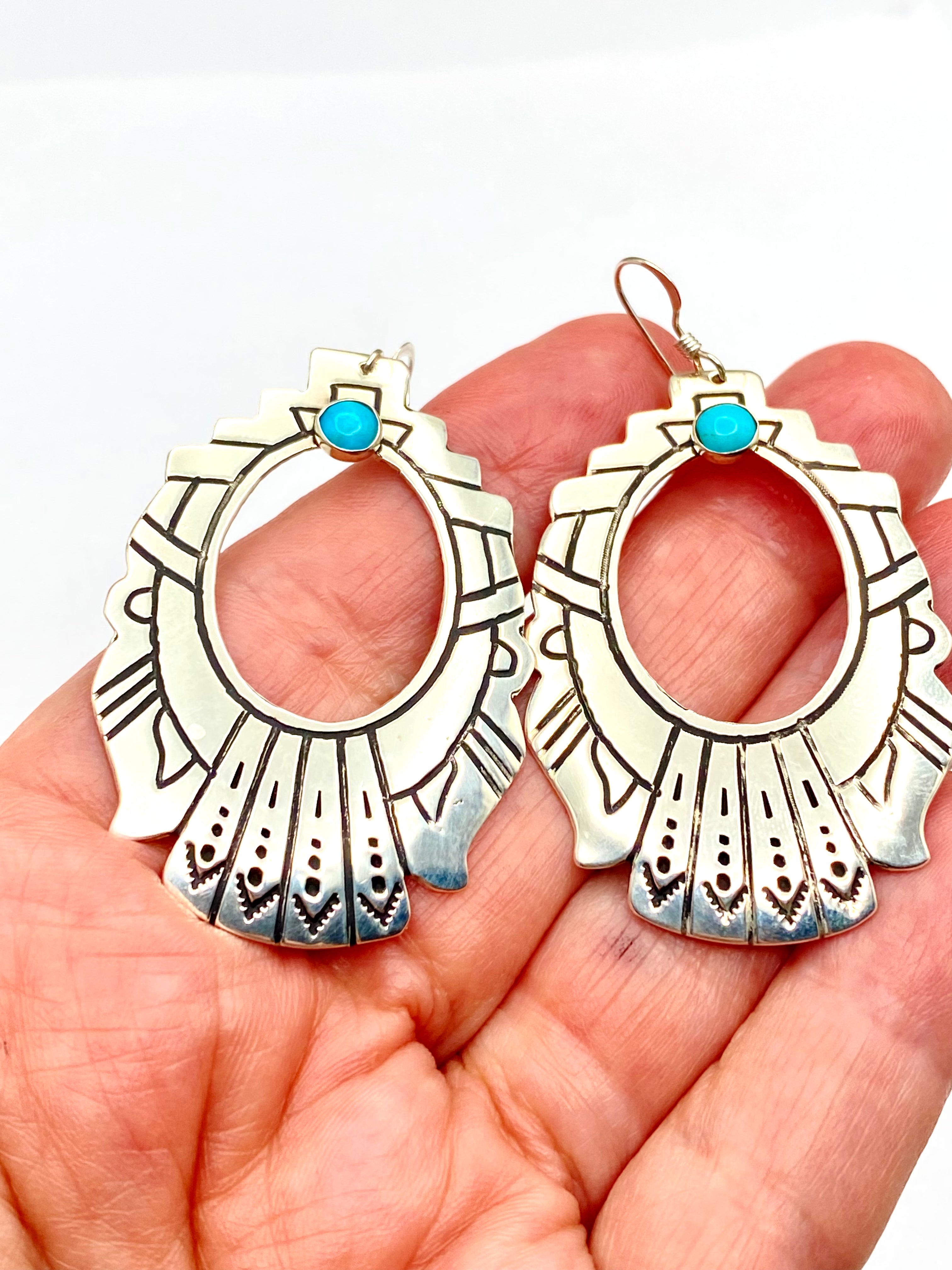 Large Sterling Teardrop Hoop Earrings Hooks Small Turquoise T&R Singer Navajo
