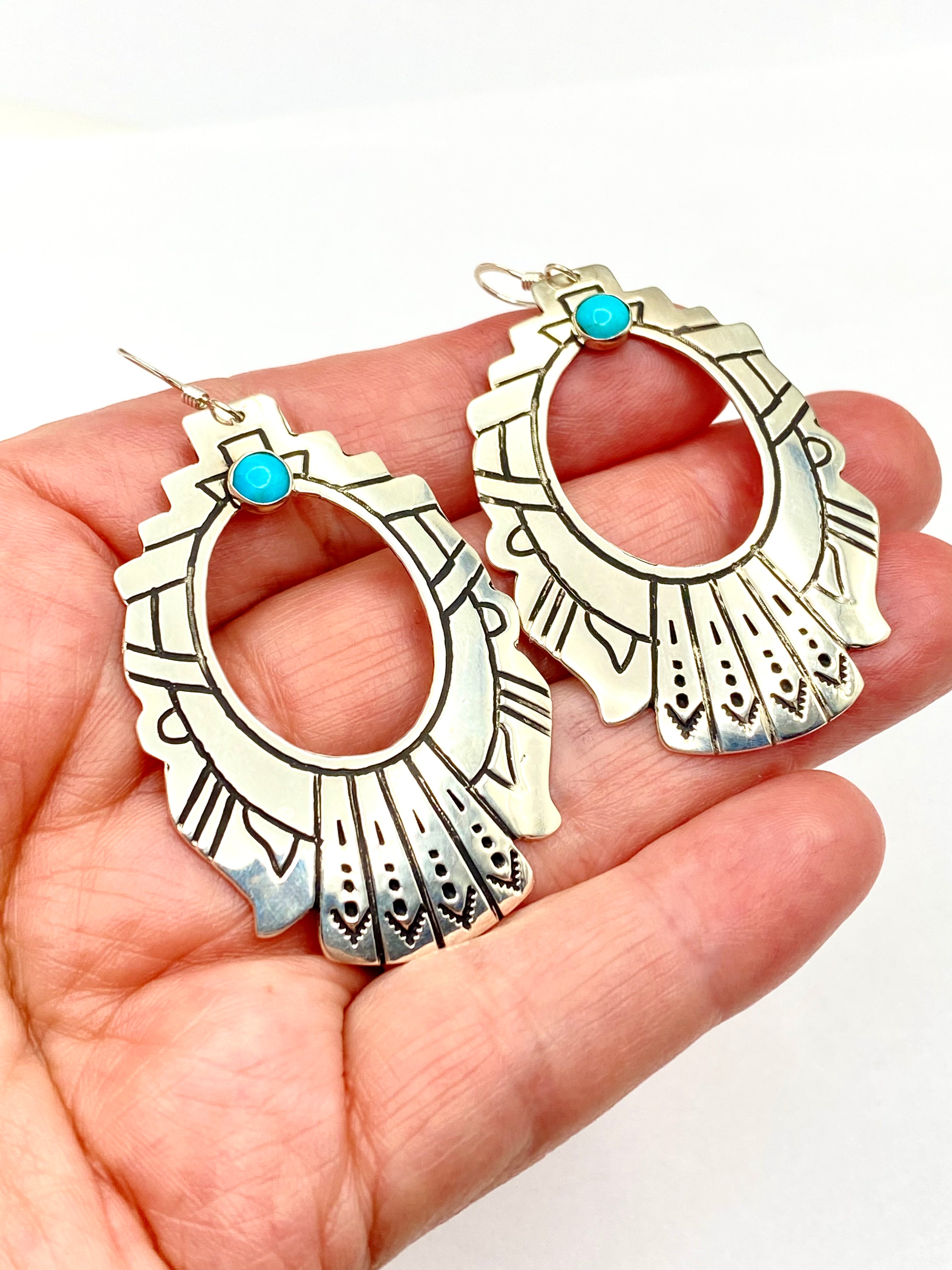 Large Sterling Teardrop Hoop Earrings Hooks Small Turquoise T&R Singer Navajo