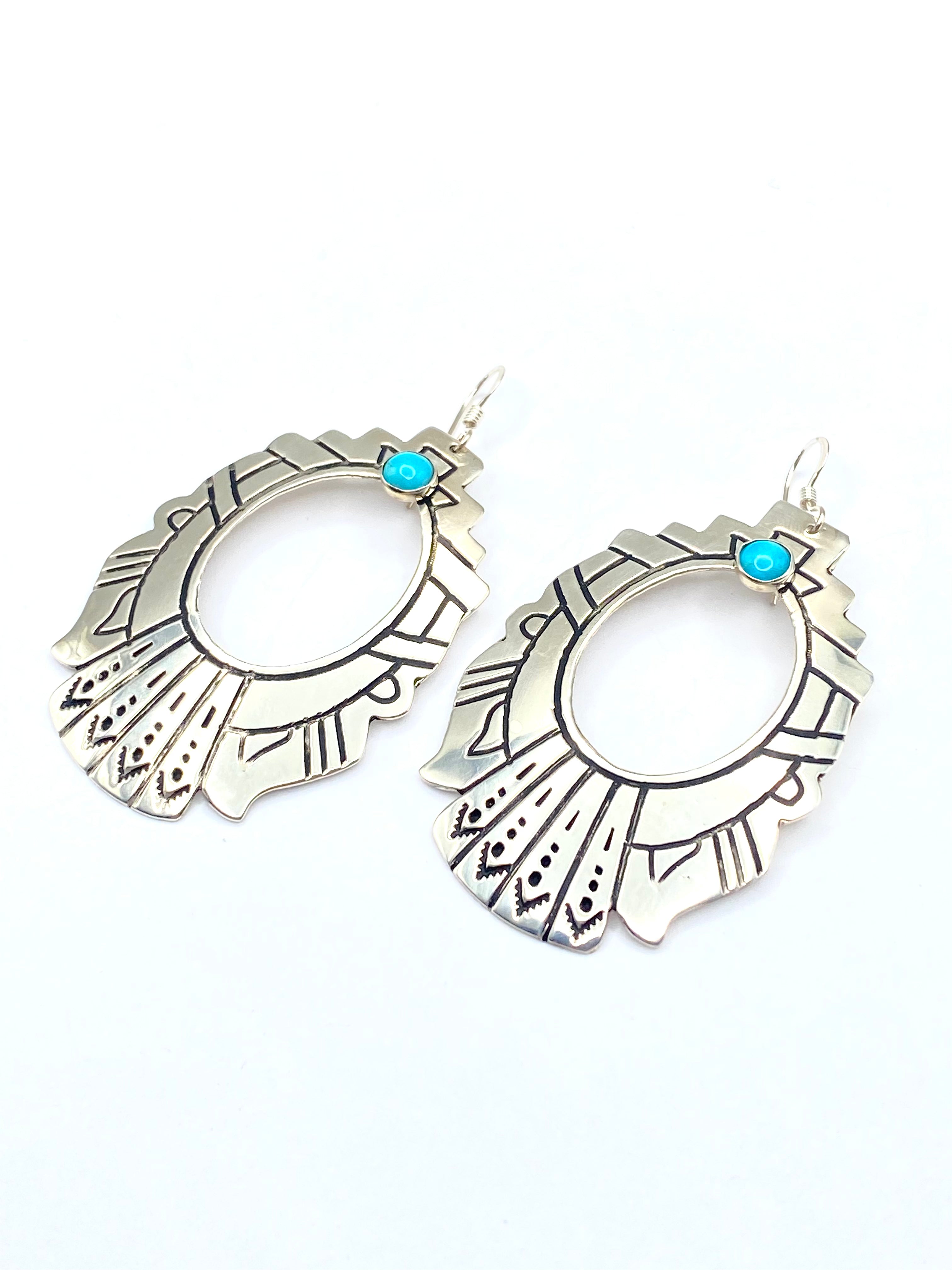 Large Sterling Teardrop Hoop Earrings Hooks Small Turquoise T&R Singer Navajo